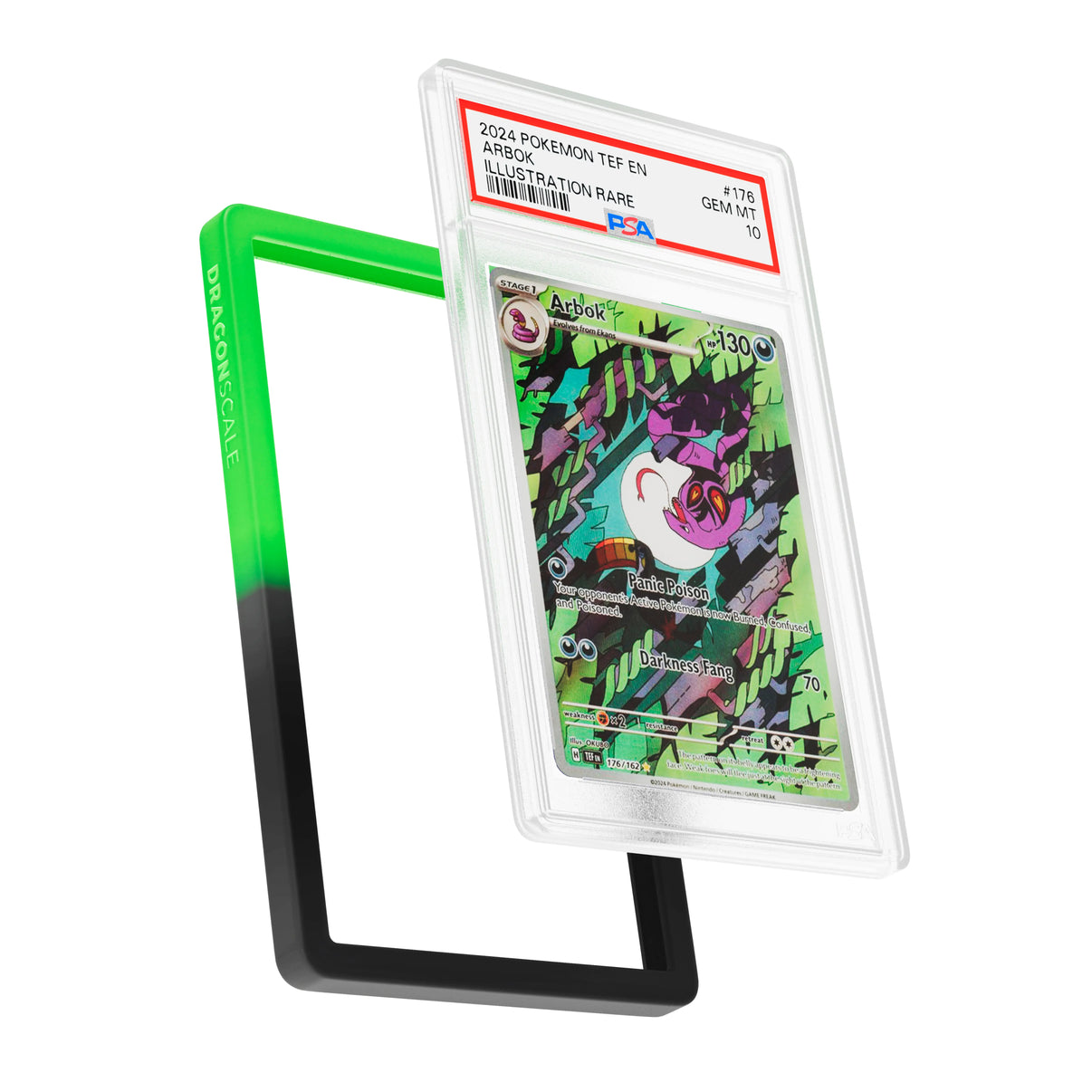 Display and demo view of a PSA slab in Gradient Venom Dragonscale bumper guard, featuring a Arbok Temporal Forces PSA 10 Pokemon card.