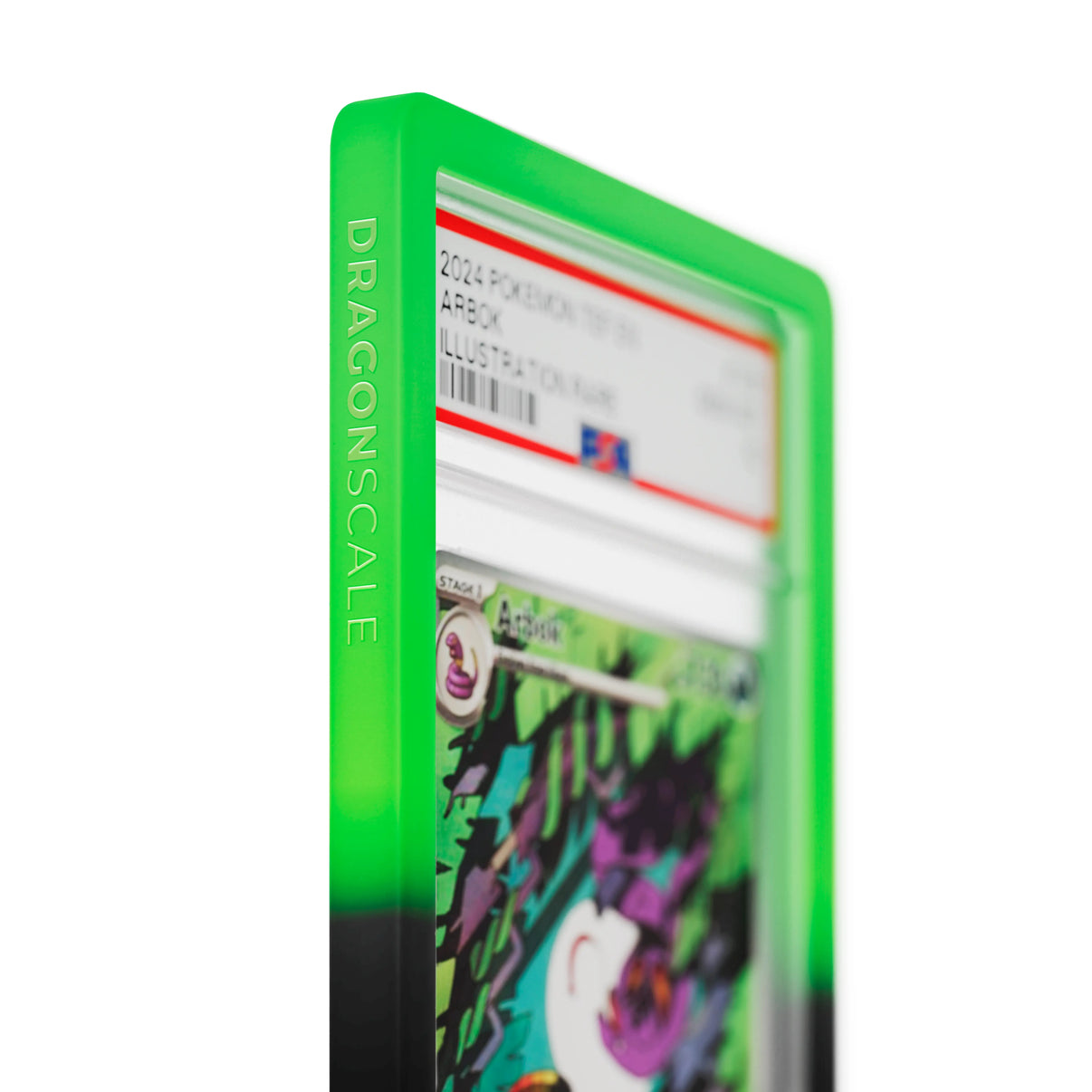 Close up logo zoom view of a PSA slab in Gradient Venom Dragonscale bumper guard, featuring a Arbok Temporal Forces PSA 10 Pokemon card.