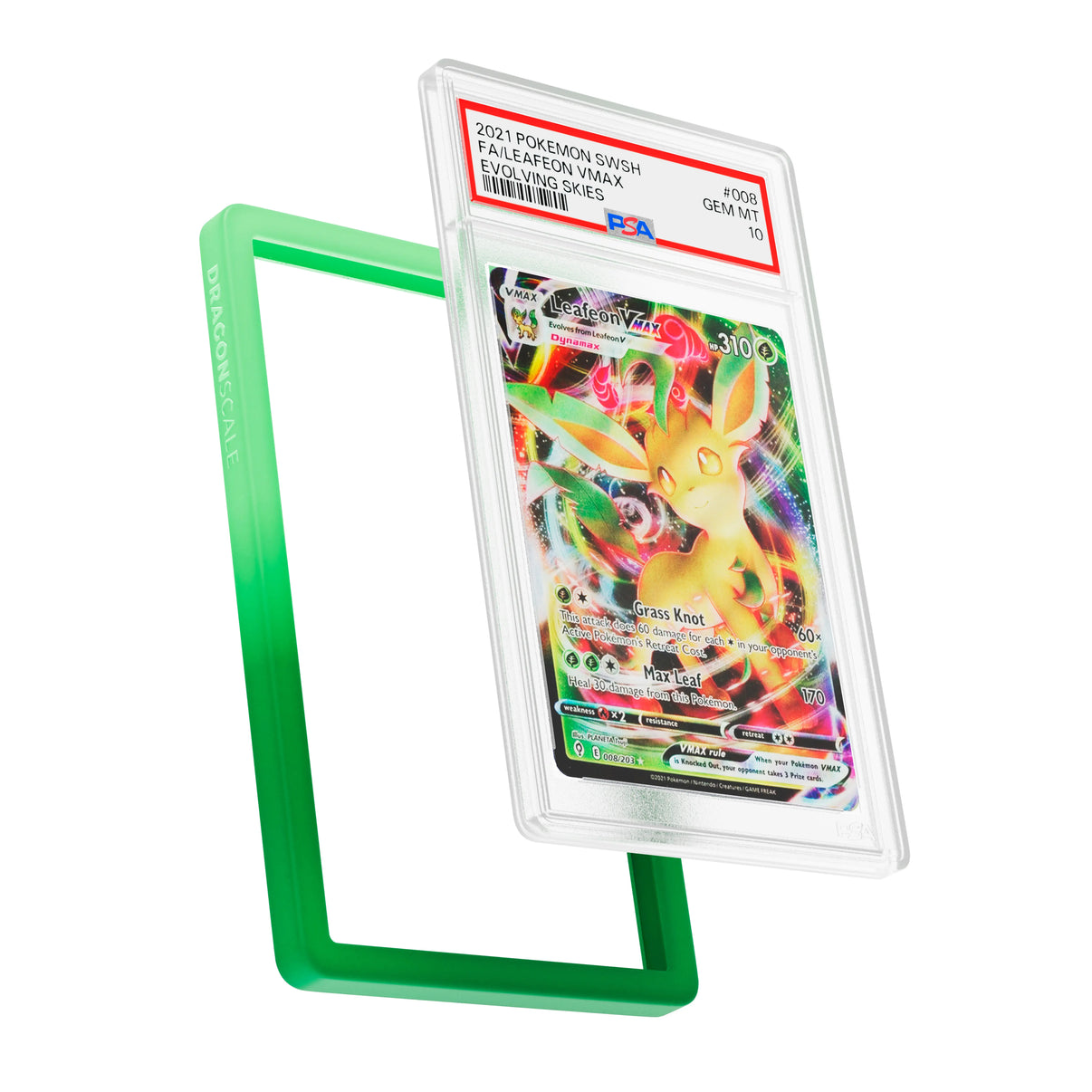 Display and demo view of a PSA slab in Gradient Verdant Dragonscale bumper guard, featuring a Leafeon VMAX Evolving Skies PSA 10 Pokemon card.