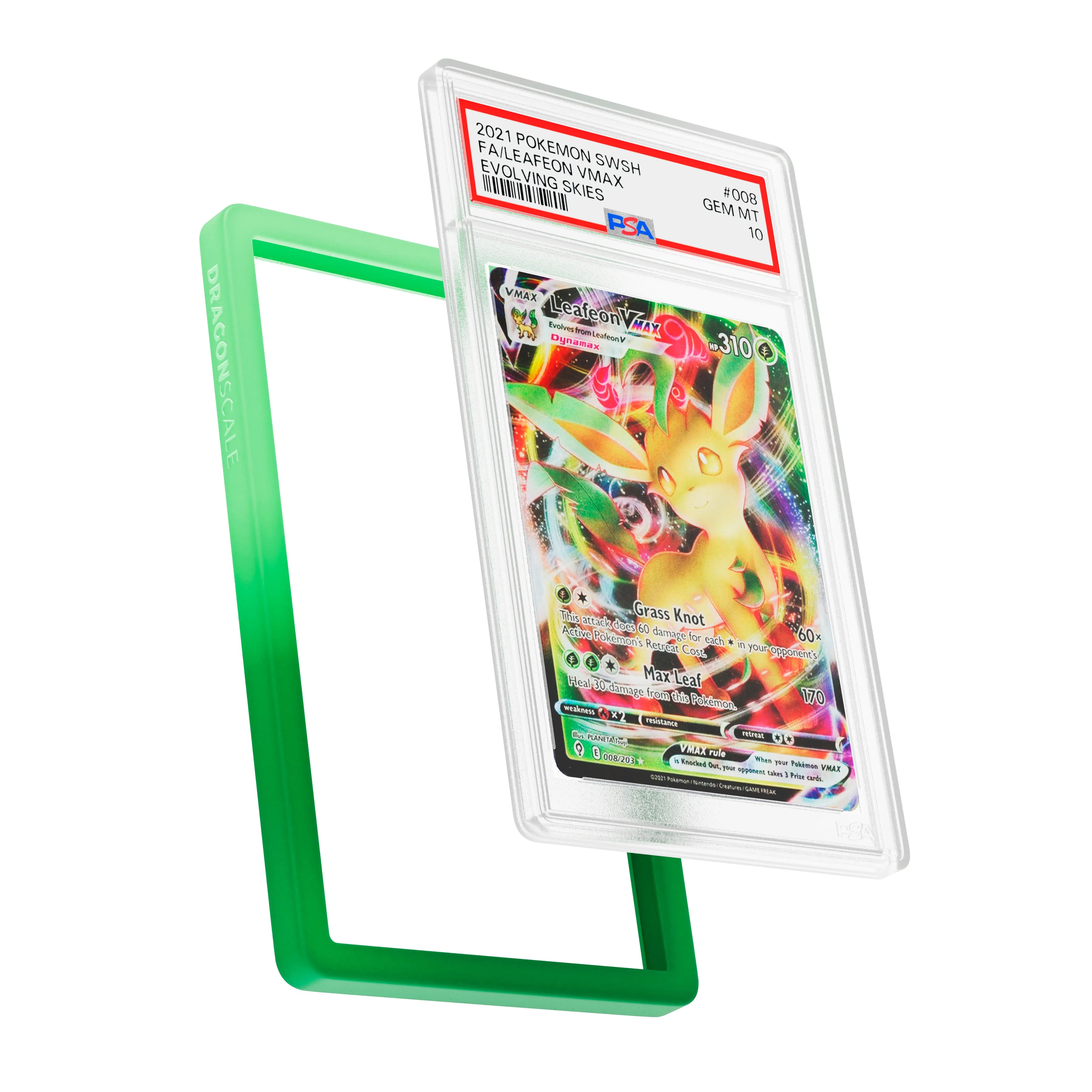 Display and demo view of a PSA slab in Gradient Verdant Dragonscale bumper guard, featuring a Leafeon VMAX Evolving Skies PSA 10 Pokemon card.