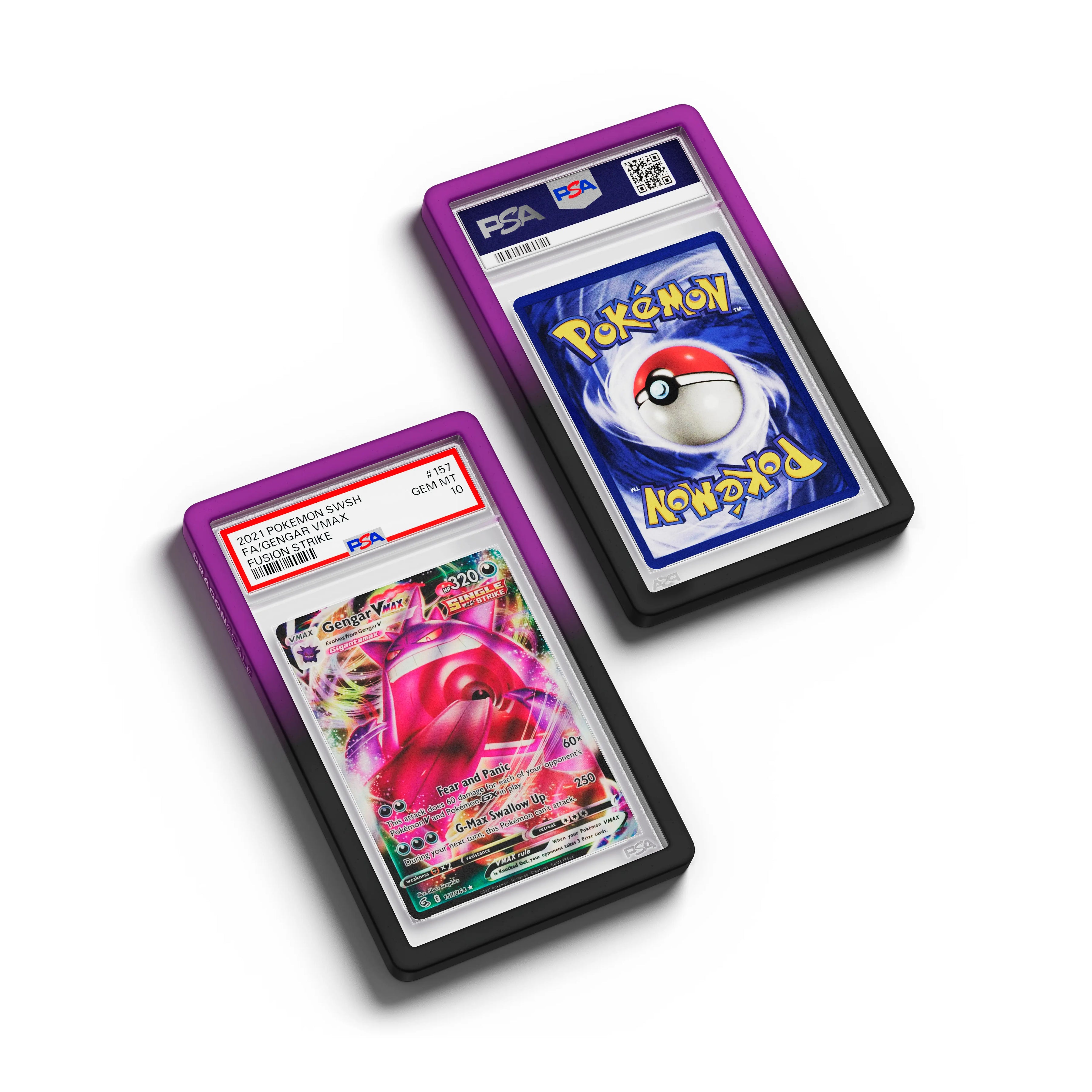 Top-down flat view of a PSA slab in Gradient Void Dragonscale bumper guard, featuring a Gengar V Fusion Strike PSA 10 Pokemon card.