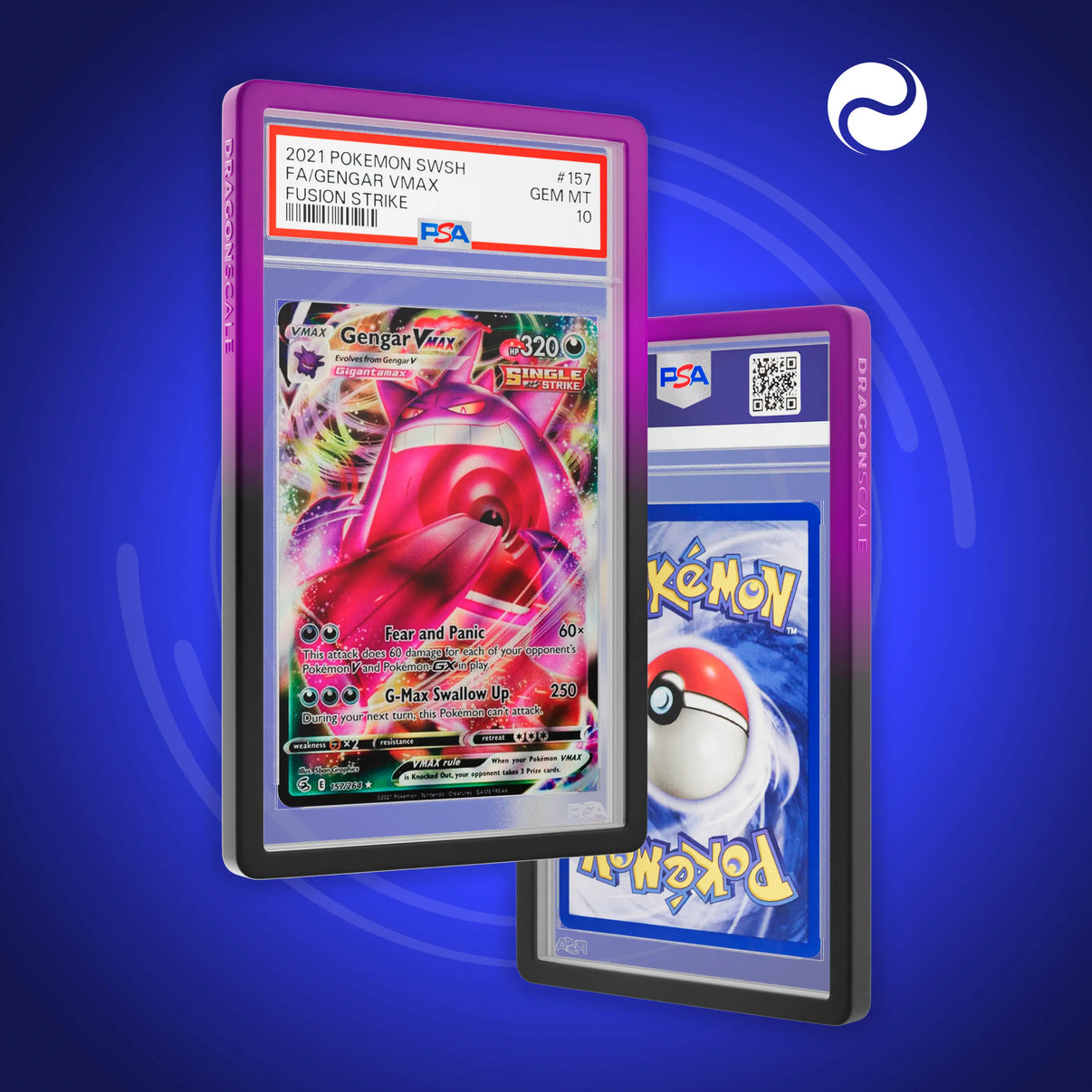 Front and back view of a PSA slab in Gradient Void Dragonscale bumper guard, featuring a Gengar V Fusion Strike PSA 10 Pokemon card.