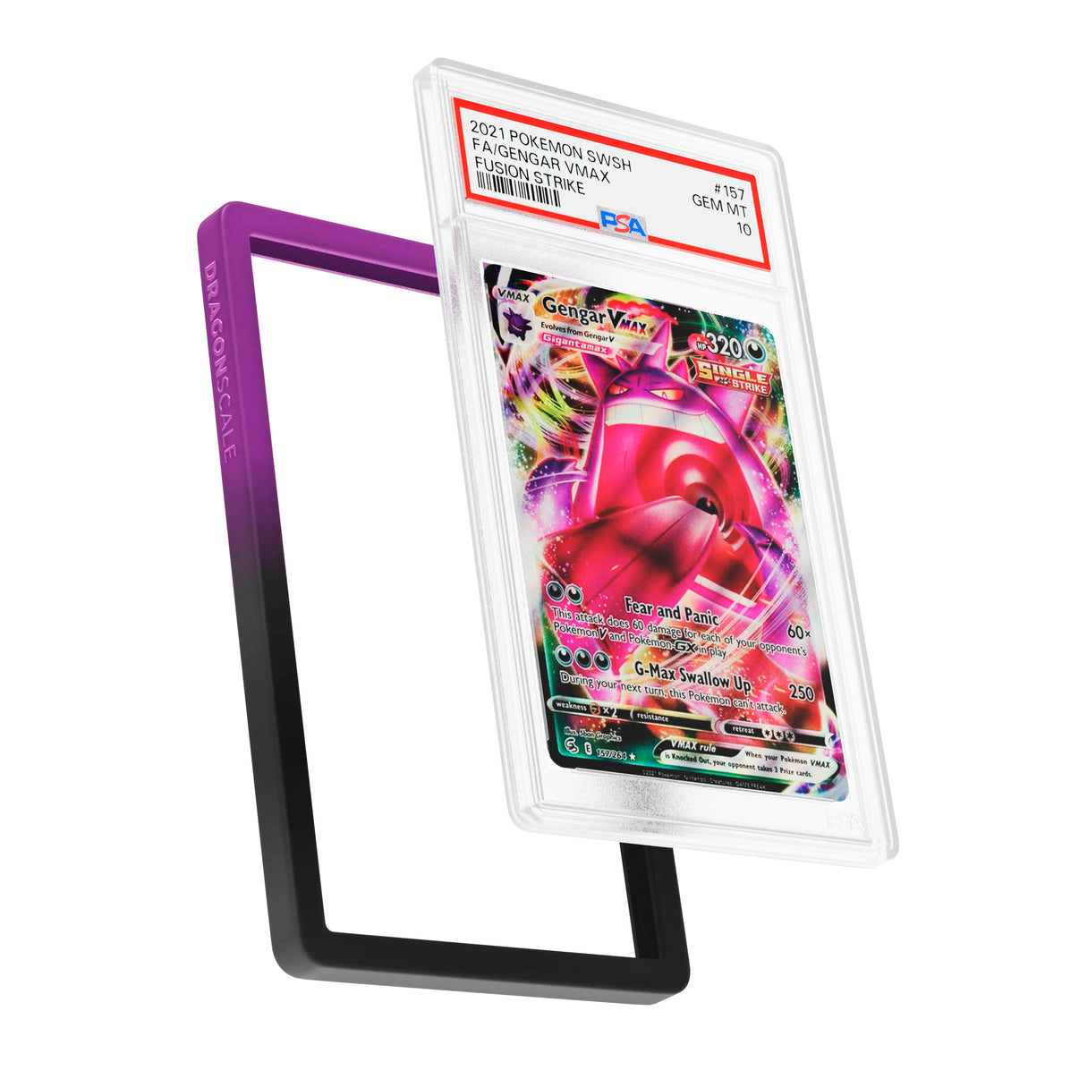 Display and demo view of a PSA slab in Gradient Void Dragonscale bumper guard, featuring a Gengar V Fusion Strike PSA 10 Pokemon card.