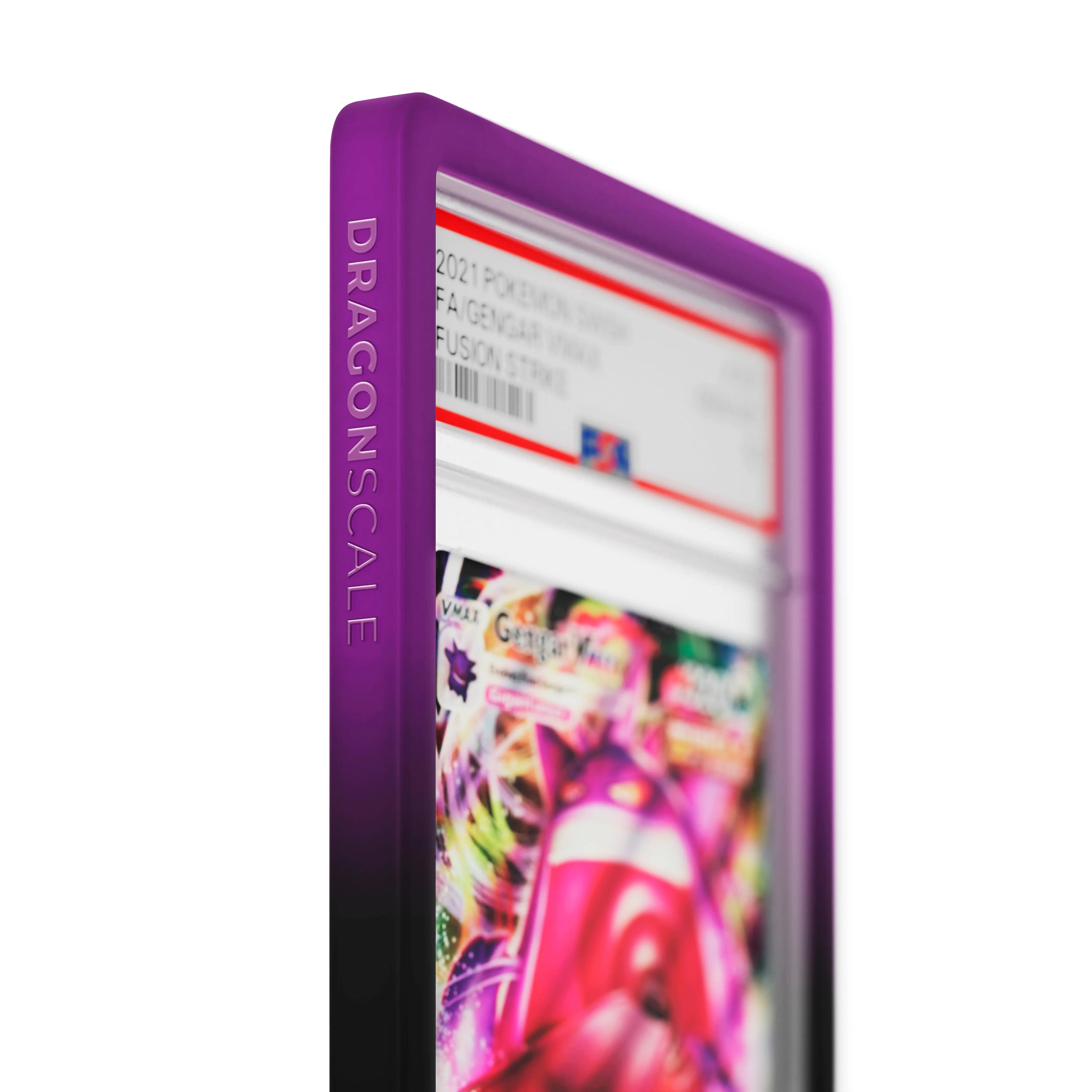 Close up logo zoom view of a PSA slab in Gradient Void Dragonscale bumper guard, featuring a Gengar V Fusion Strike PSA 10 Pokemon card.