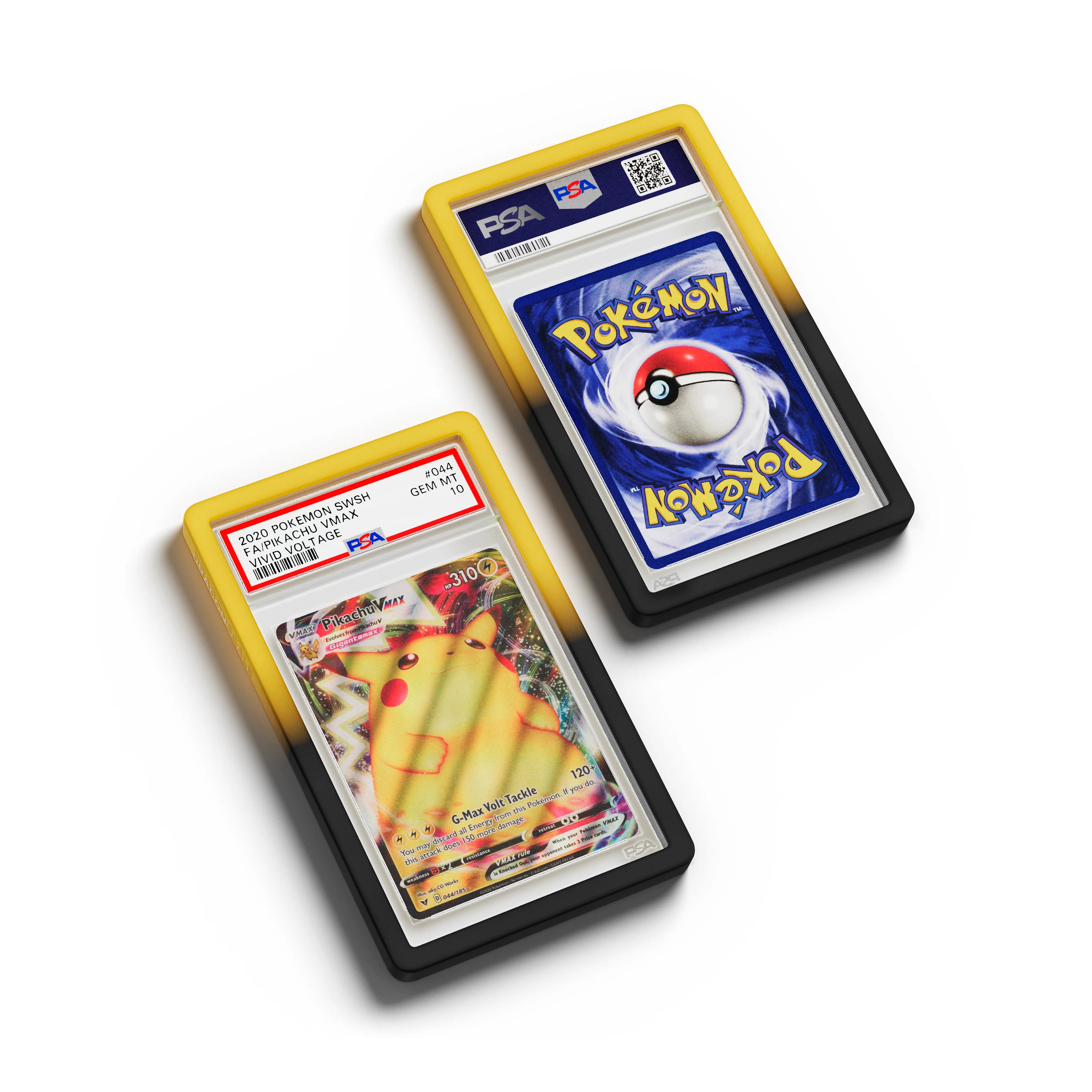 Top-down flat view of a PSA slab in Gradient Voltage Dragonscale bumper guard, featuring a Pikachu VMAX Vivid Voltage PSA 10 Pokemon card.