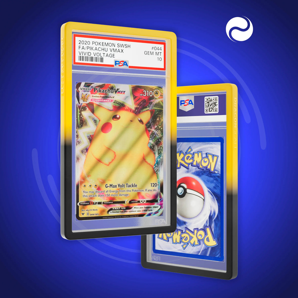 Front and back view of a PSA slab in Gradient Voltage Dragonscale bumper guard, featuring a Pikachu VMAX Vivid Voltage PSA 10 Pokemon card.