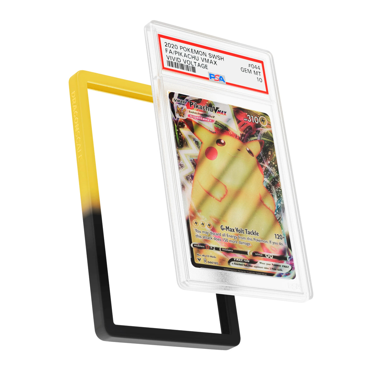 Display and demo view of a PSA slab in Gradient Voltage Dragonscale bumper guard, featuring a Pikachu VMAX Vivid Voltage PSA 10 Pokemon card.