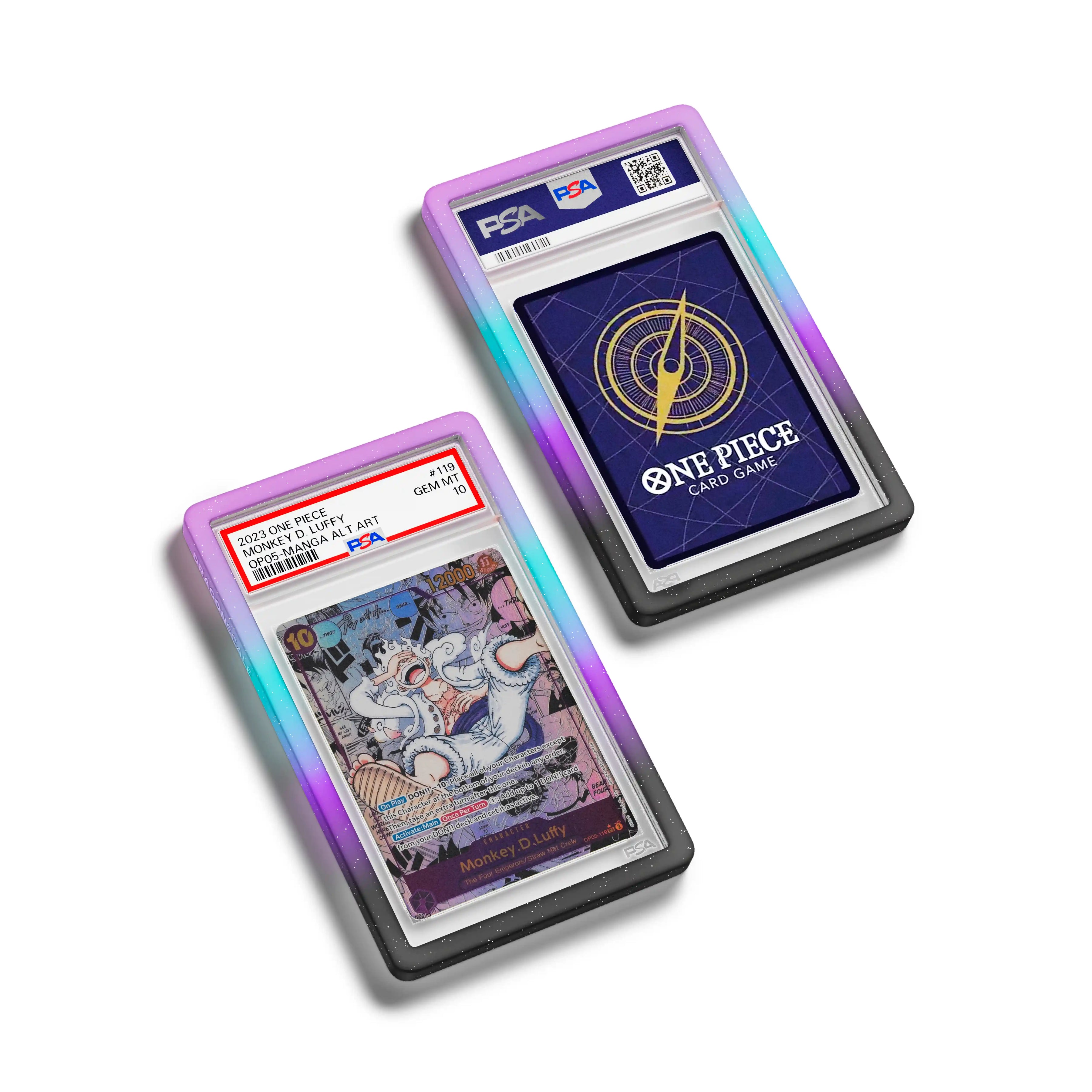 Top-down flat view of a PSA slab in Mythic Neotokyo Dragonscale bumper guard, featuring a Monkey D. Luffy Manga Alternate Art OP05-119 PSA 10 Pokemon card.