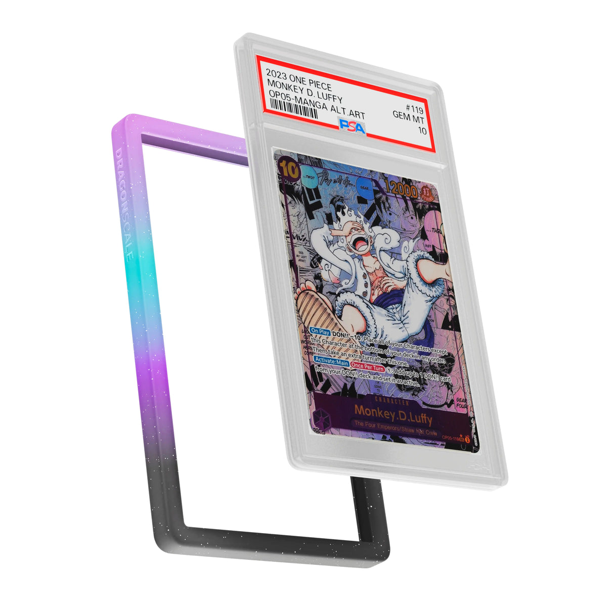 Display and demo view of a PSA slab in  Mythic Neotokyo  Dragonscale bumper guard, featuring a Monkey D. Luffy Manga Alternate Art OP05-119 PSA 10 Pokemon card.