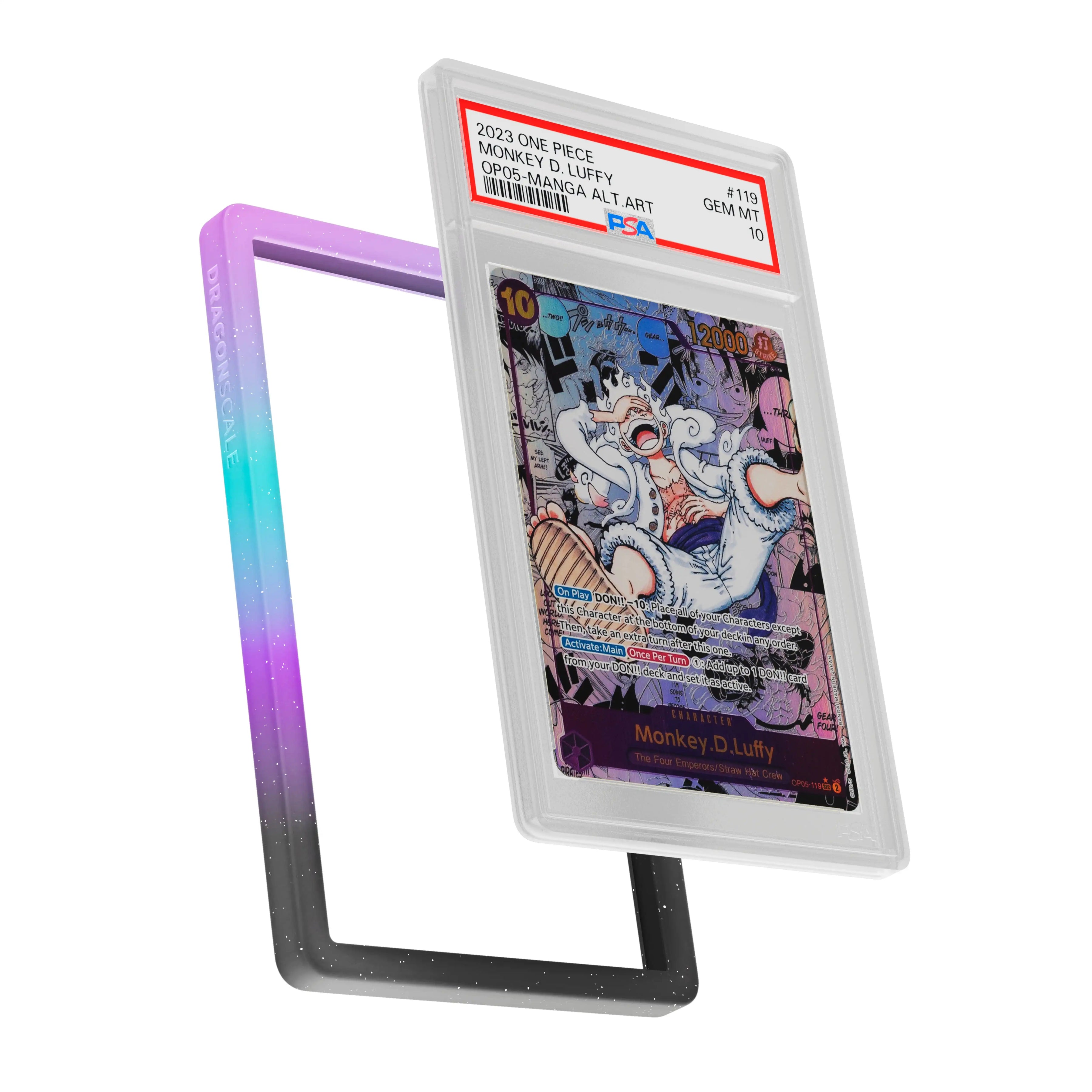 Display and demo view of a PSA slab in  Mythic Neotokyo  Dragonscale bumper guard, featuring a Monkey D. Luffy Manga Alternate Art OP05-119 PSA 10 Pokemon card.