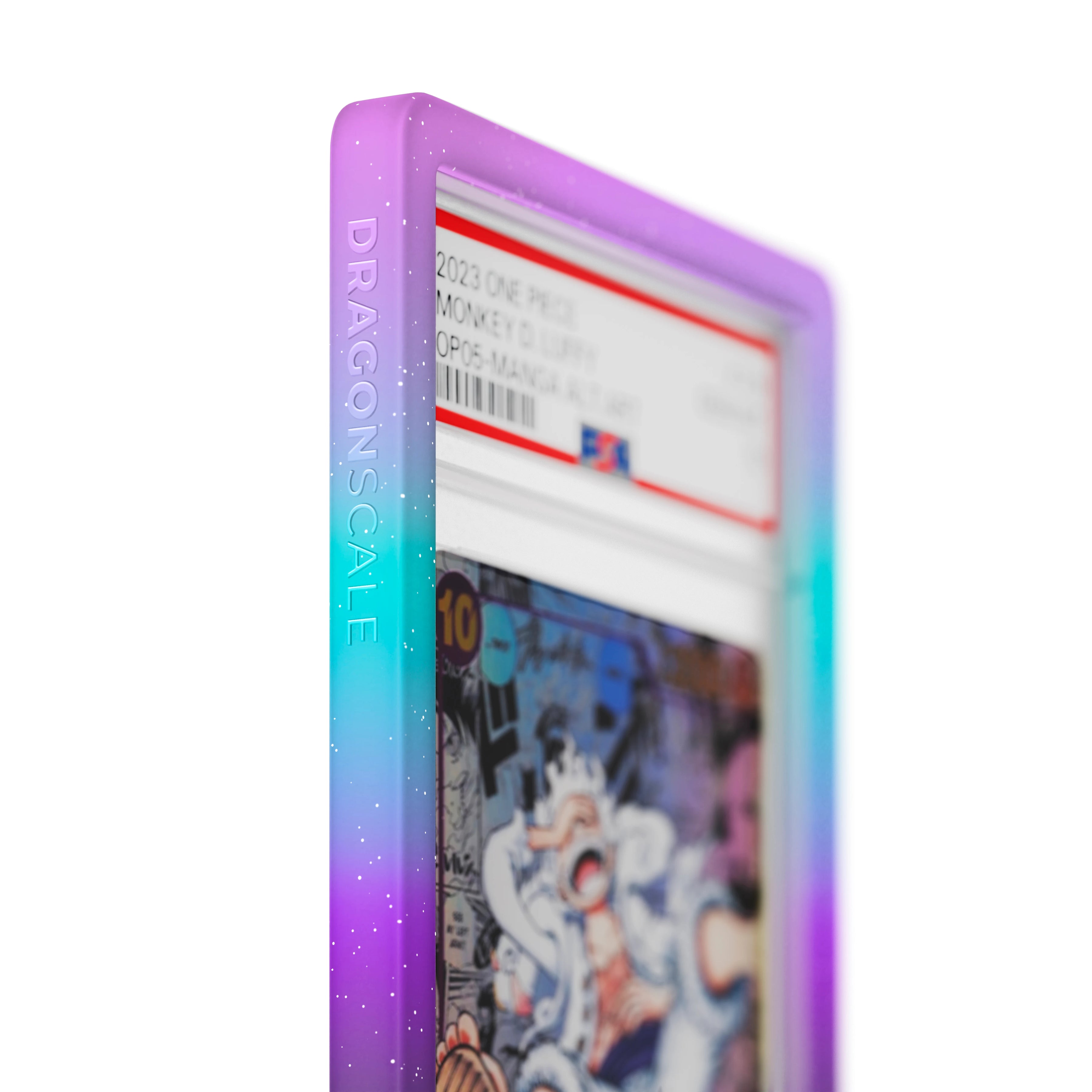 Close up logo zoom view of a PSA slab in Mythic Neotokyo Dragonscale bumper guard, featuring a Monkey D. Luffy Manga Alternate Art OP05-119 PSA 10 Pokemon card.