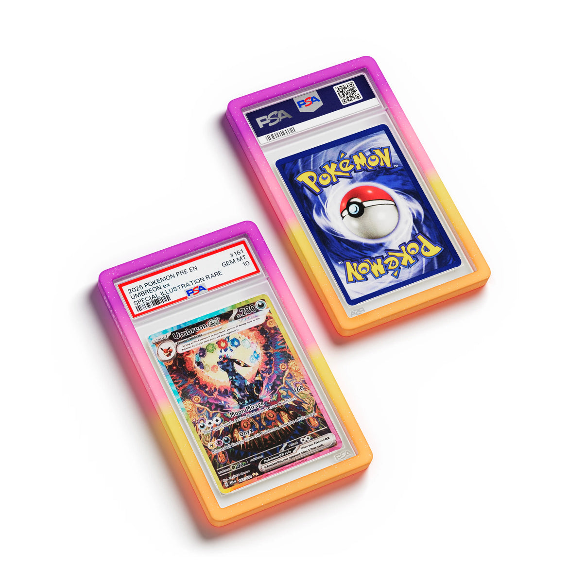 Top-down flat view of a PSA slab in Mythic Supernova Dragonscale bumper guard, featuring a Umbreon Ex Prismatic Evolution PSA 10 Pokemon card.