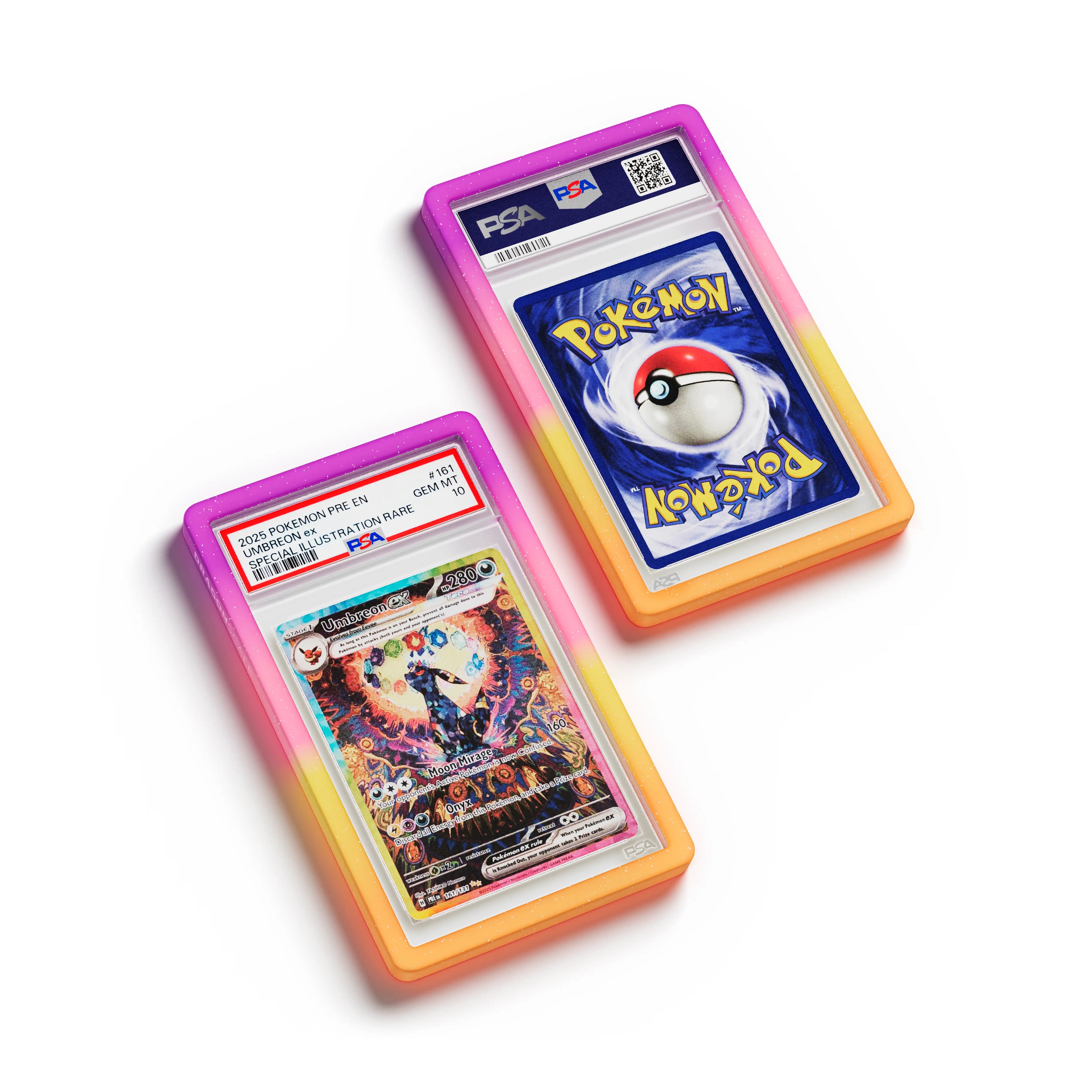 Top-down flat view of a PSA slab in Mythic Supernova Dragonscale bumper guard, featuring a Umbreon Ex Prismatic Evolution PSA 10 Pokemon card.