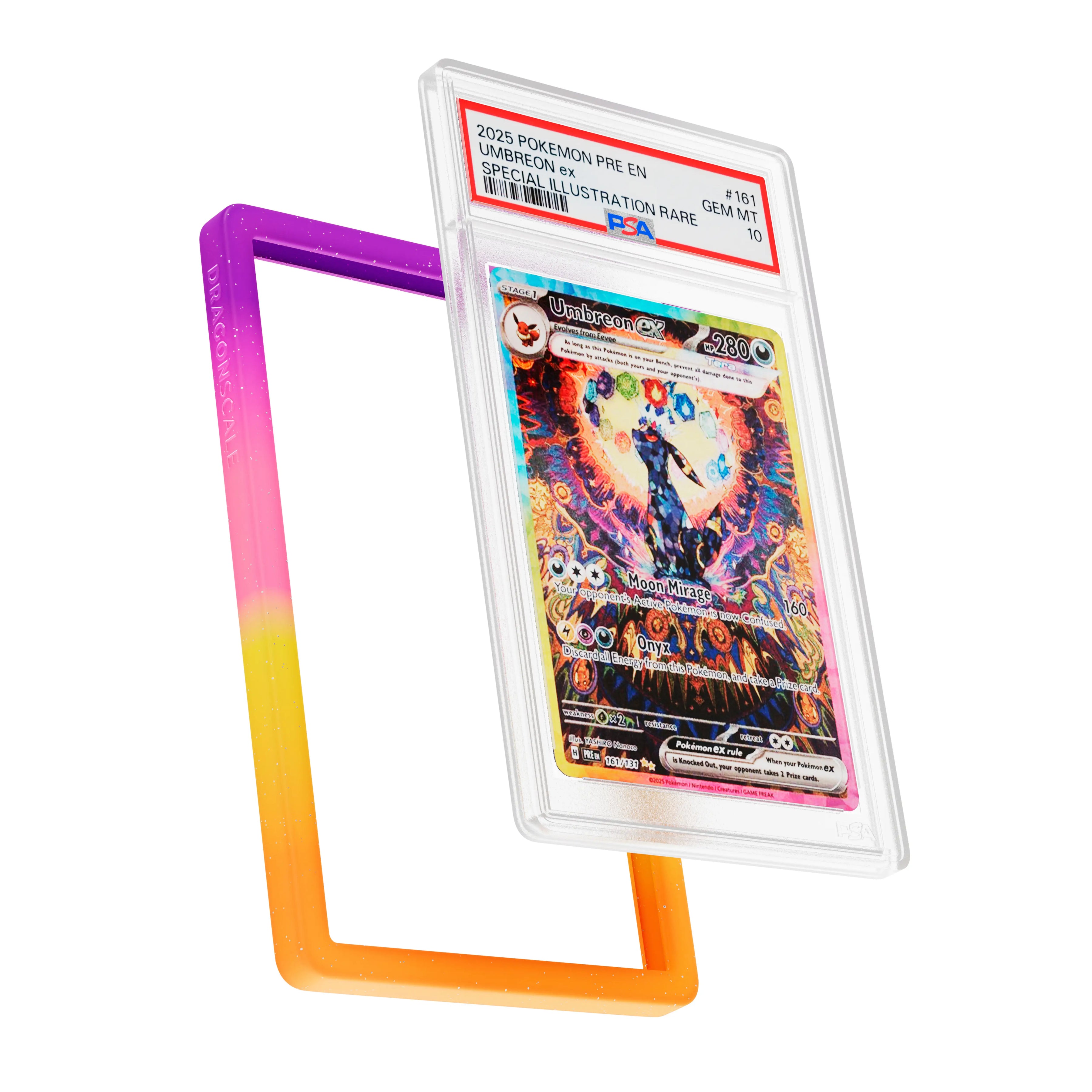 Display and demo view of a PSA slab in Mythic Supernova Dragonscale bumper guard, featuring a Umbreon Ex Prismatic Evolution PSA 10 Pokemon card.
