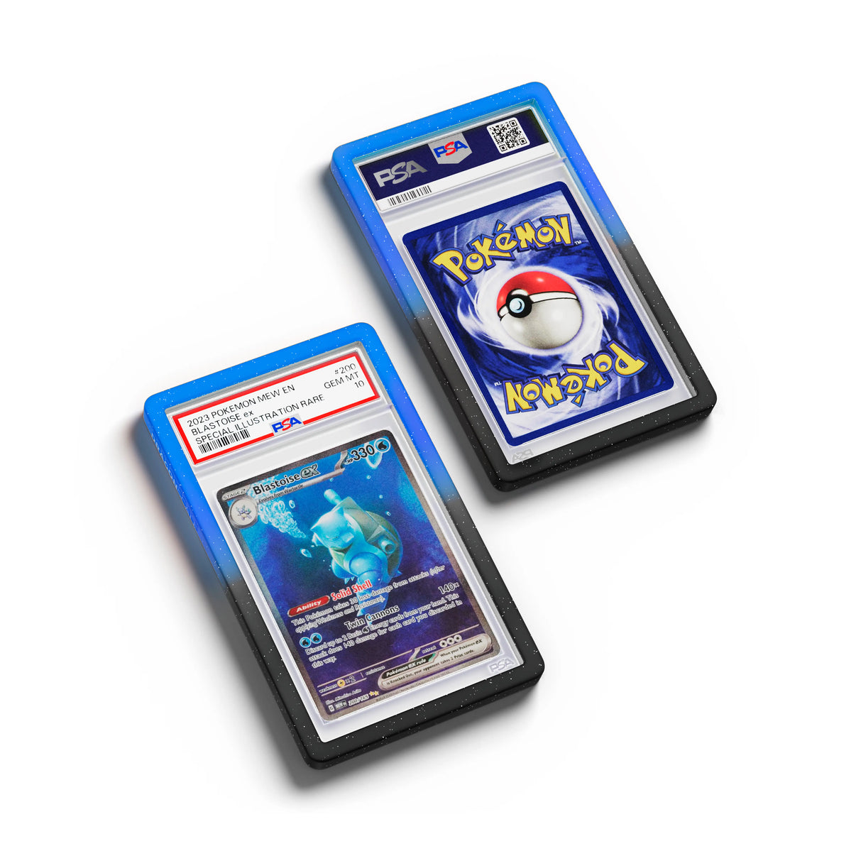 Top-down flat view of a PSA slab in Radiant Abyssal Dragonscale bumper guard, featuring a Blastoise EX Mew 151 PSA 10 Pokemon card.