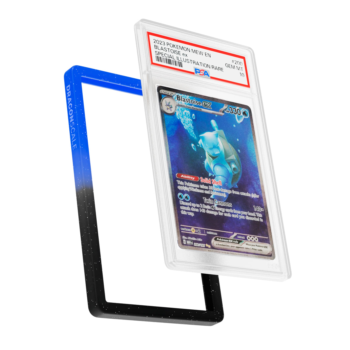 Display and demo view of a PSA slab in Radiant Abyssal Dragonscale bumper guard, featuring a Blastoise EX Mew 151 PSA 10 Pokemon card.