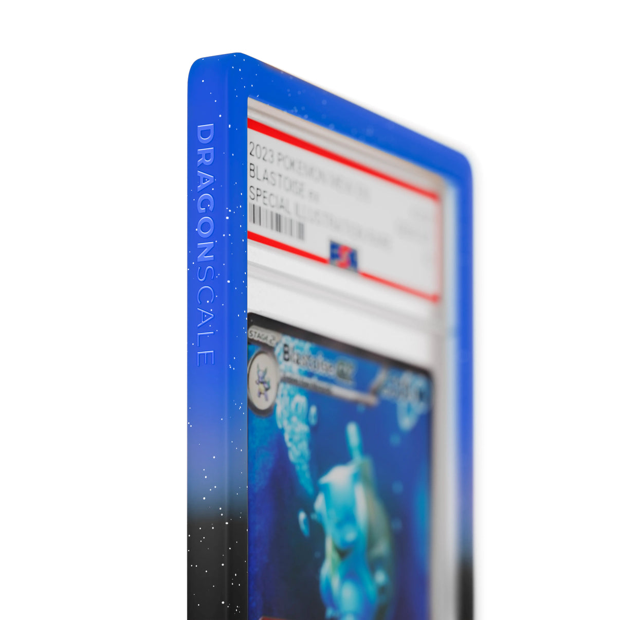 Close up logo zoom view of a PSA slab in Radiant Abyssal Dragonscale bumper guard, featuring a Blastoise EX Mew 151 PSA 10 Pokemon card.