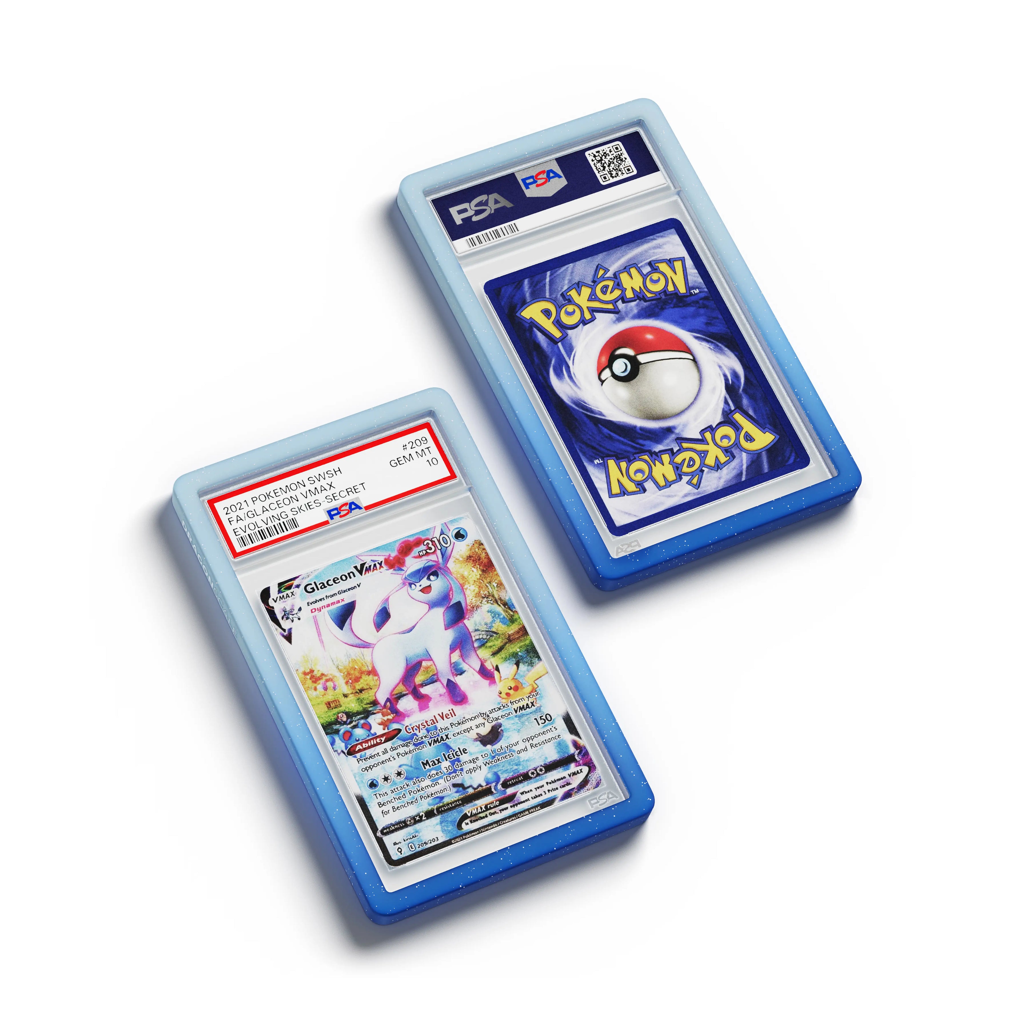 Top-down flat view of a PSA slab in Radiant Aqua Dragonscale bumper guard, featuring a Glaceon VMAX Evolving Skies PSA 10 Pokemon card.