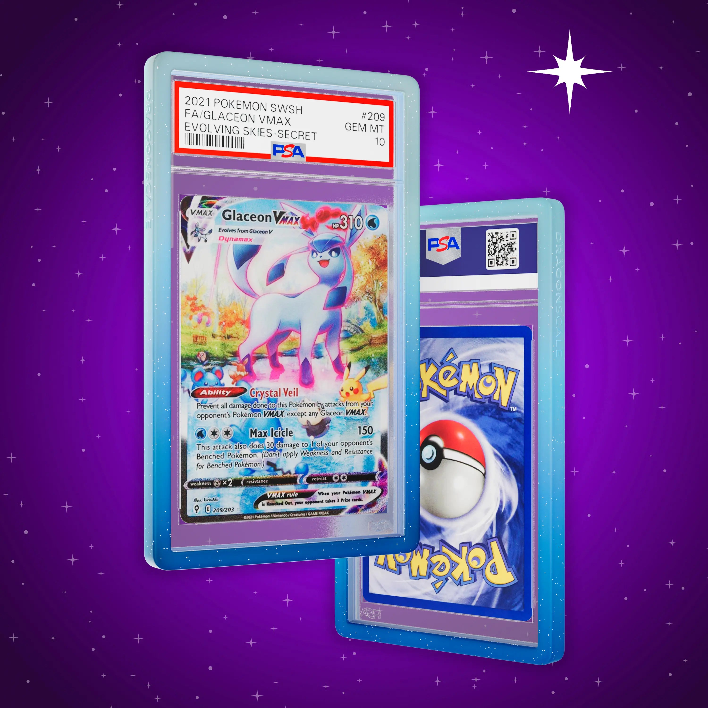 Front and back view of a PSA slab in Radiant Aqua Dragonscale bumper guard, featuring a Glaceon VMAX Evolving Skies PSA 10 Pokemon card.