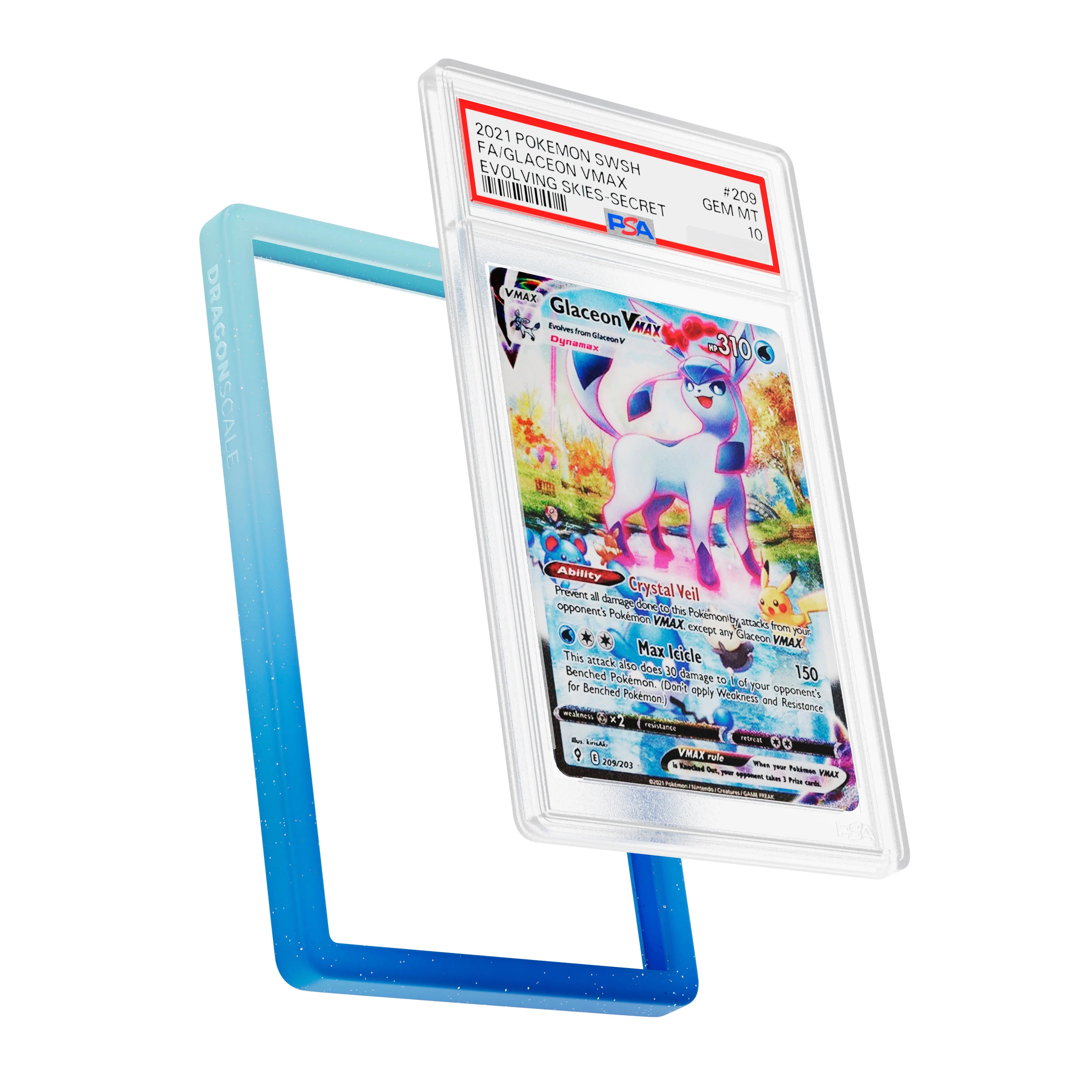 Display and demo view of a PSA slab in Radiant Aqua Dragonscale bumper guard, featuring a Glaceon VMAX Evolving Skies PSA 10 Pokemon card.