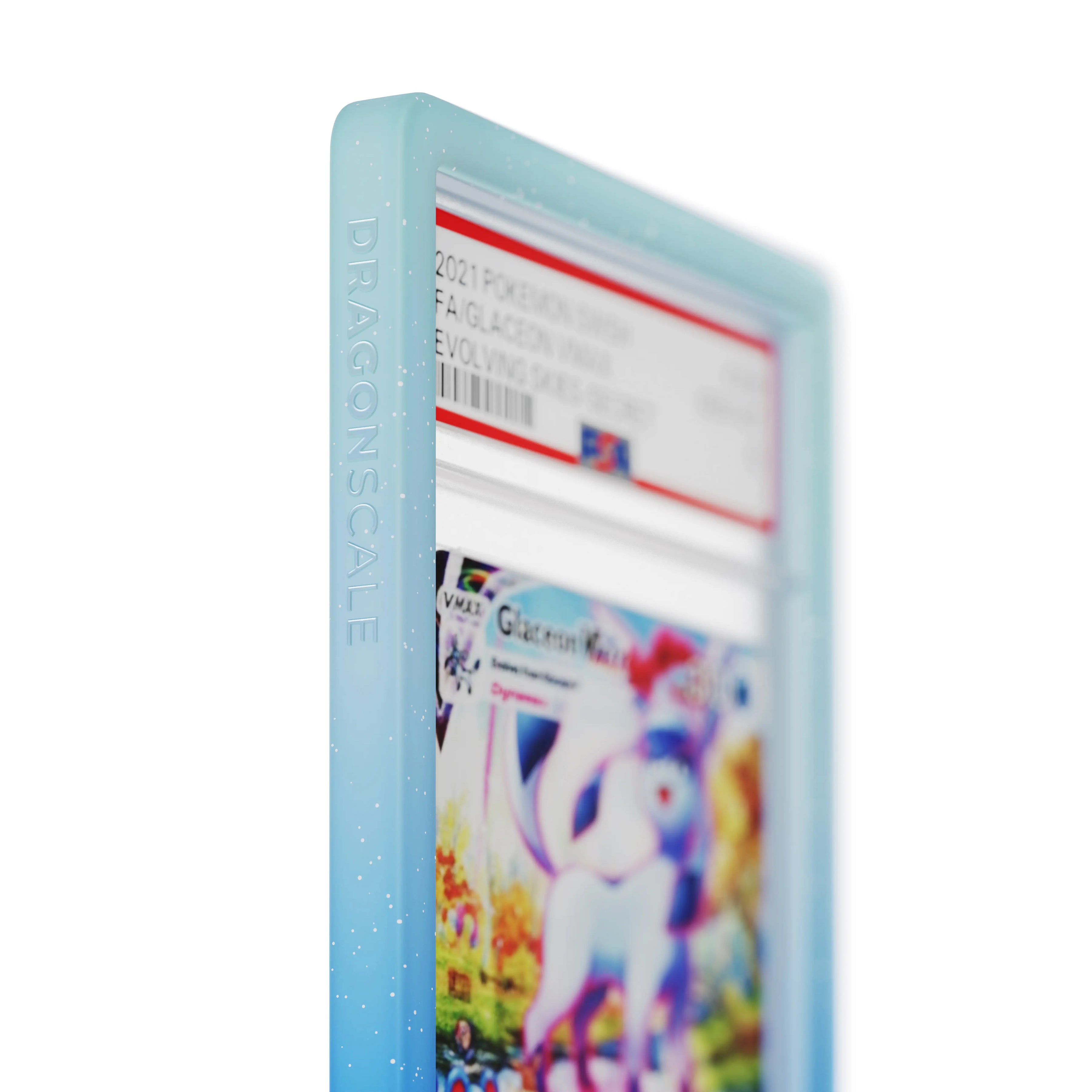 Close up logo zoom view of a PSA slab in Radiant Aqua Dragonscale bumper guard, featuring a Glaceon VMAX Evolving Skies PSA 10 Pokemon card.