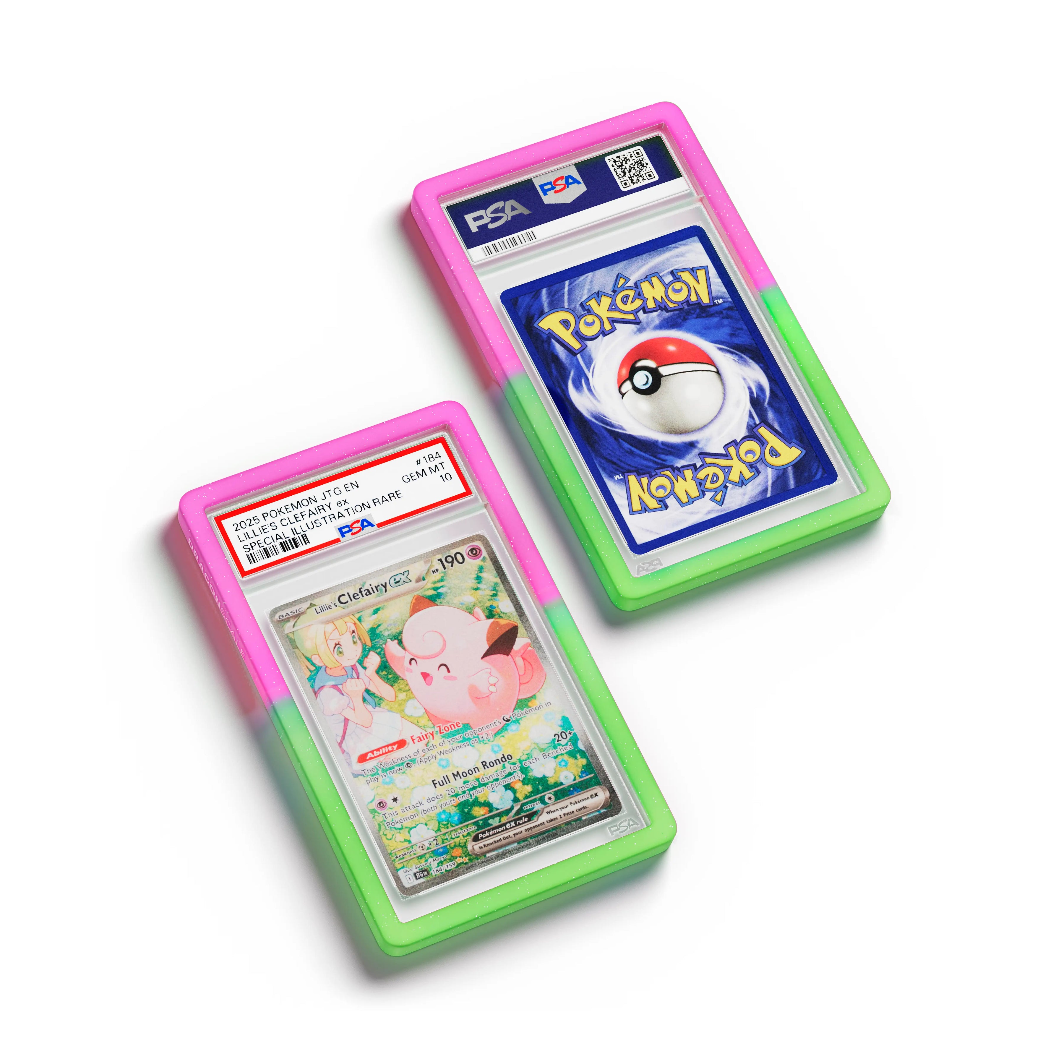 Top-down flat view of a PSA slab in Radiant Aurora Dragonscale bumper guard, featuring a Lillie’s Clefairy EX Journey Together PSA 10 Pokemon card.