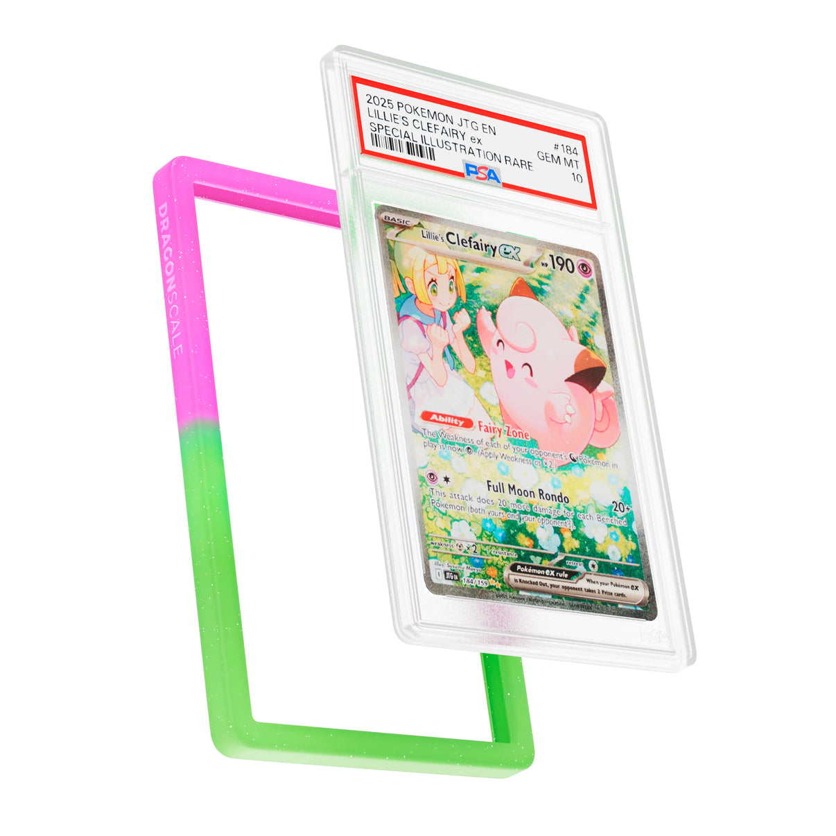 Display and demo view of a PSA slab in Radiant Aurora Dragonscale bumper guard, featuring a Lillie’s Clefairy EX Journey Together PSA 10 Pokemon card.