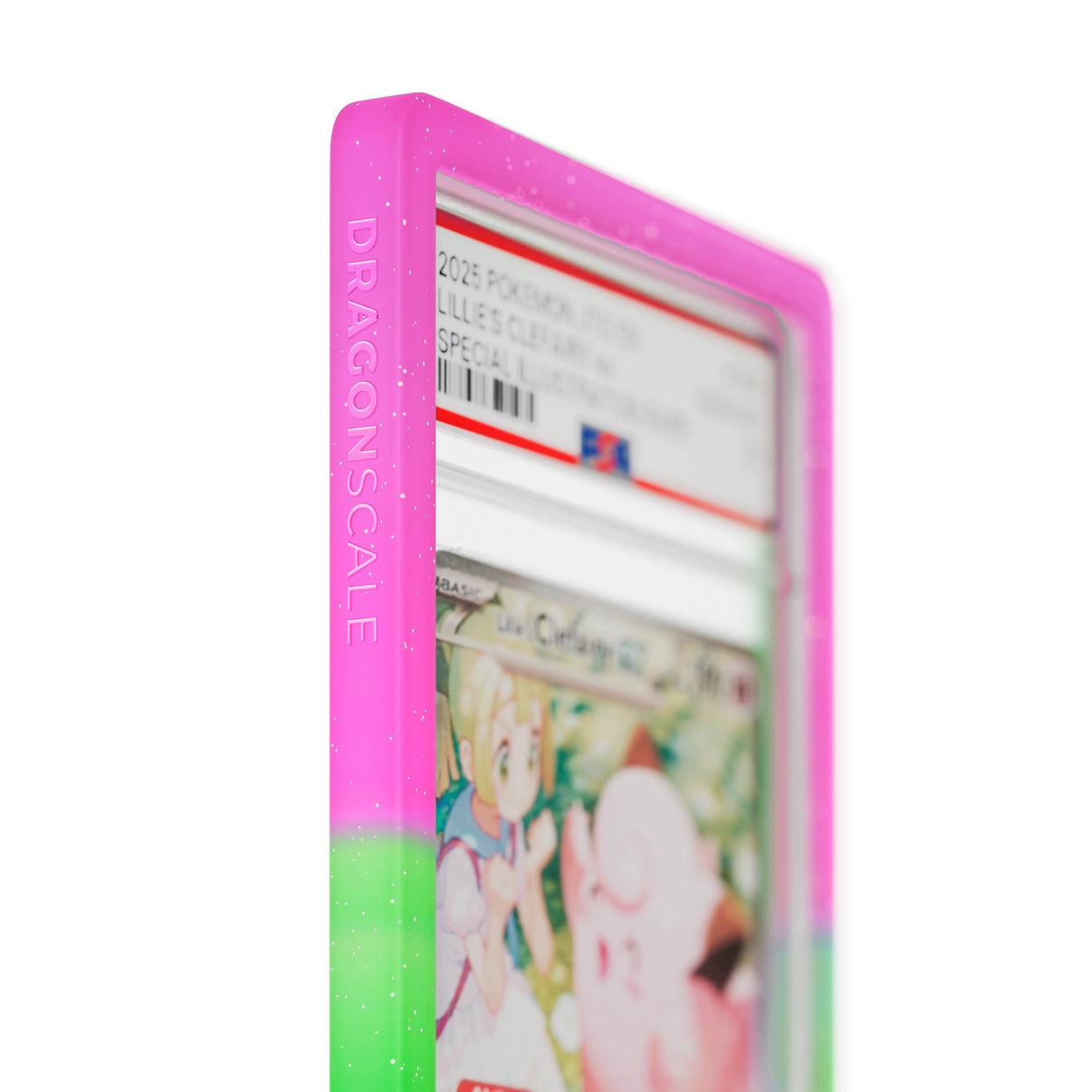 Close up logo zoom view of a PSA slab in Radiant Aurora Dragonscale bumper guard, featuring a Lillie’s Clefairy EX Journey Together PSA 10 Pokemon card.