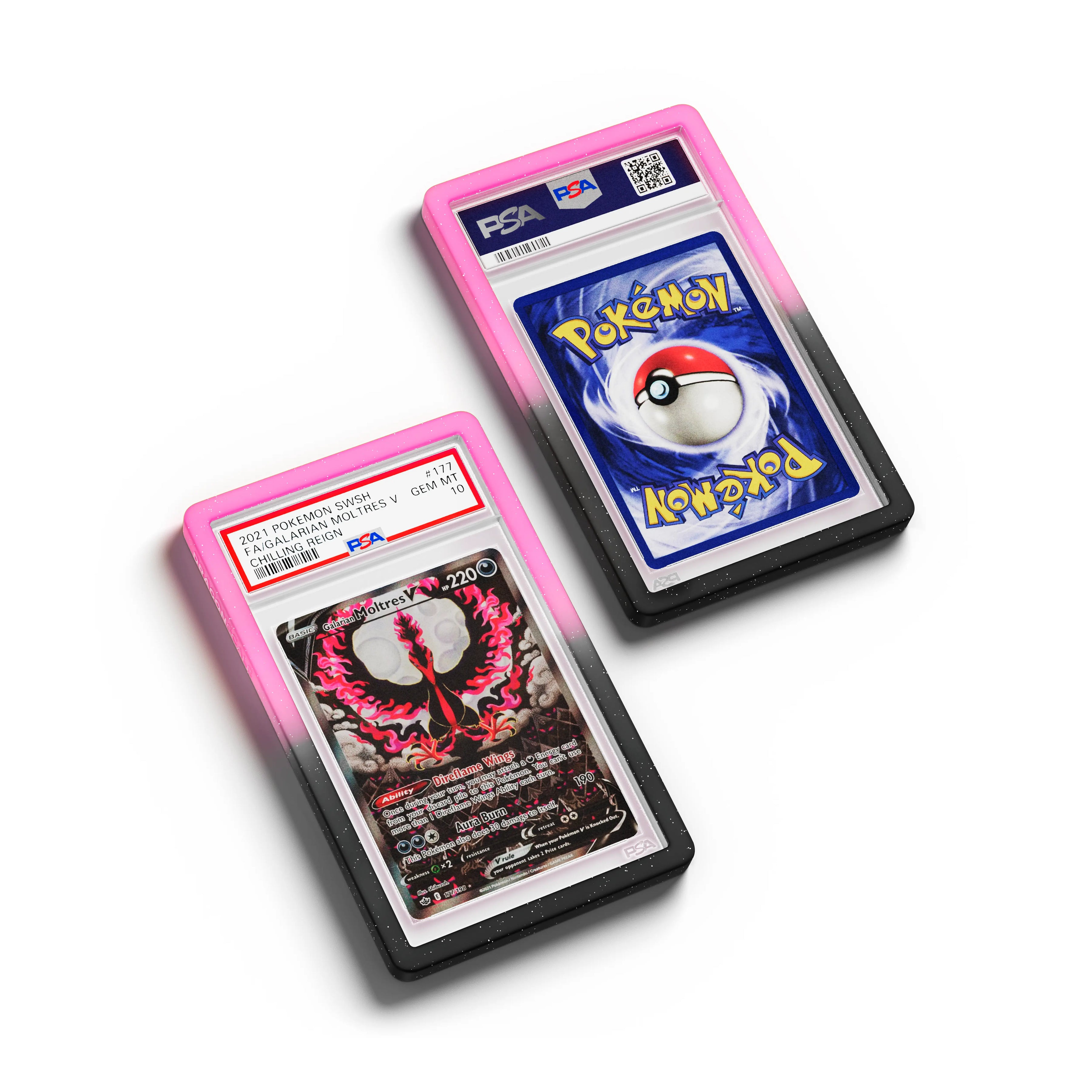 Top-down flat view of a PSA slab in Radiant Blackrose Dragonscale bumper guard, featuring a Galarian Moltres Chilling Reign PSA 10 Pokemon card.