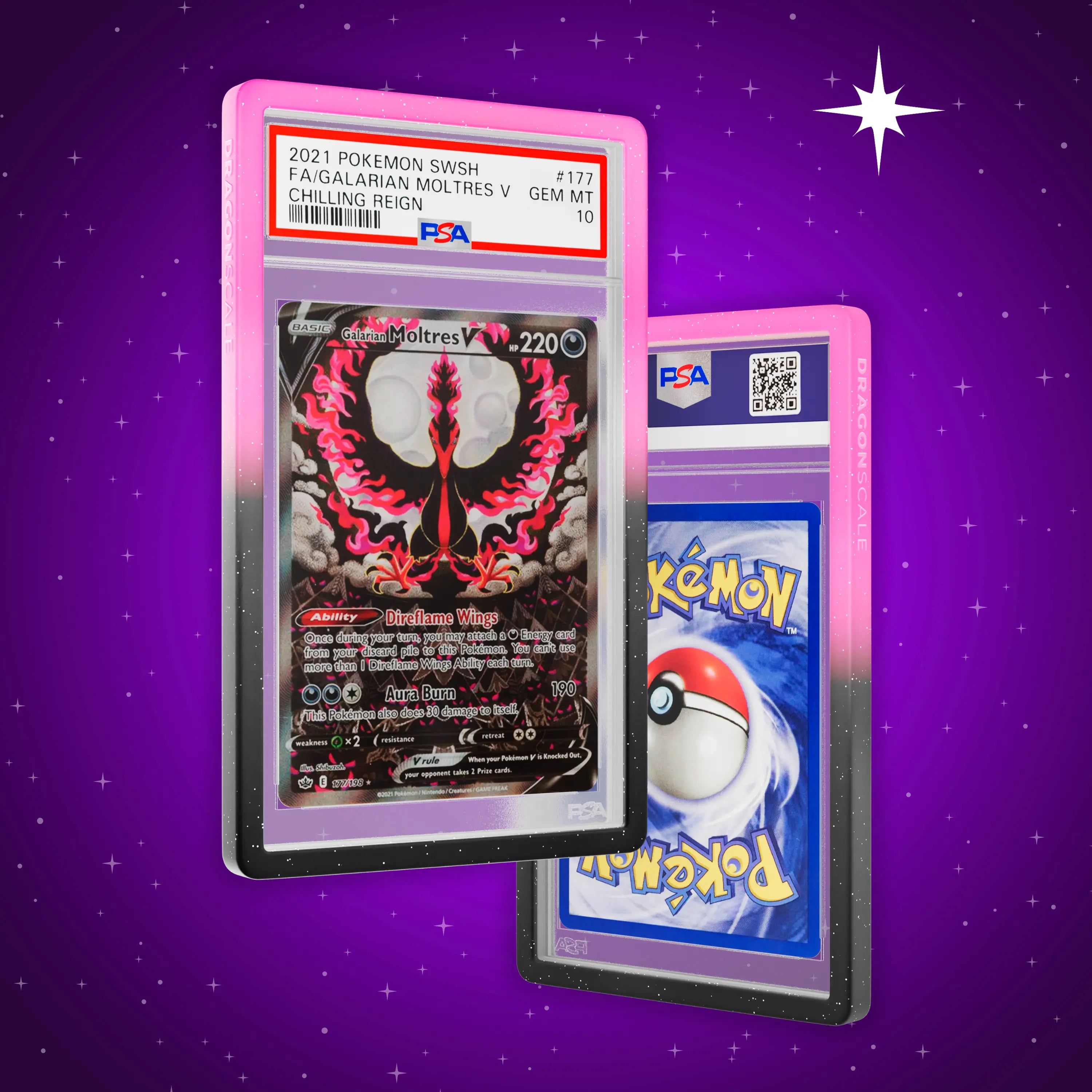 Front and back view of a PSA slab in Radiant Blackrose Dragonscale bumper guard, featuring a Galarian Moltres Chilling Reign PSA 10 Pokemon card.