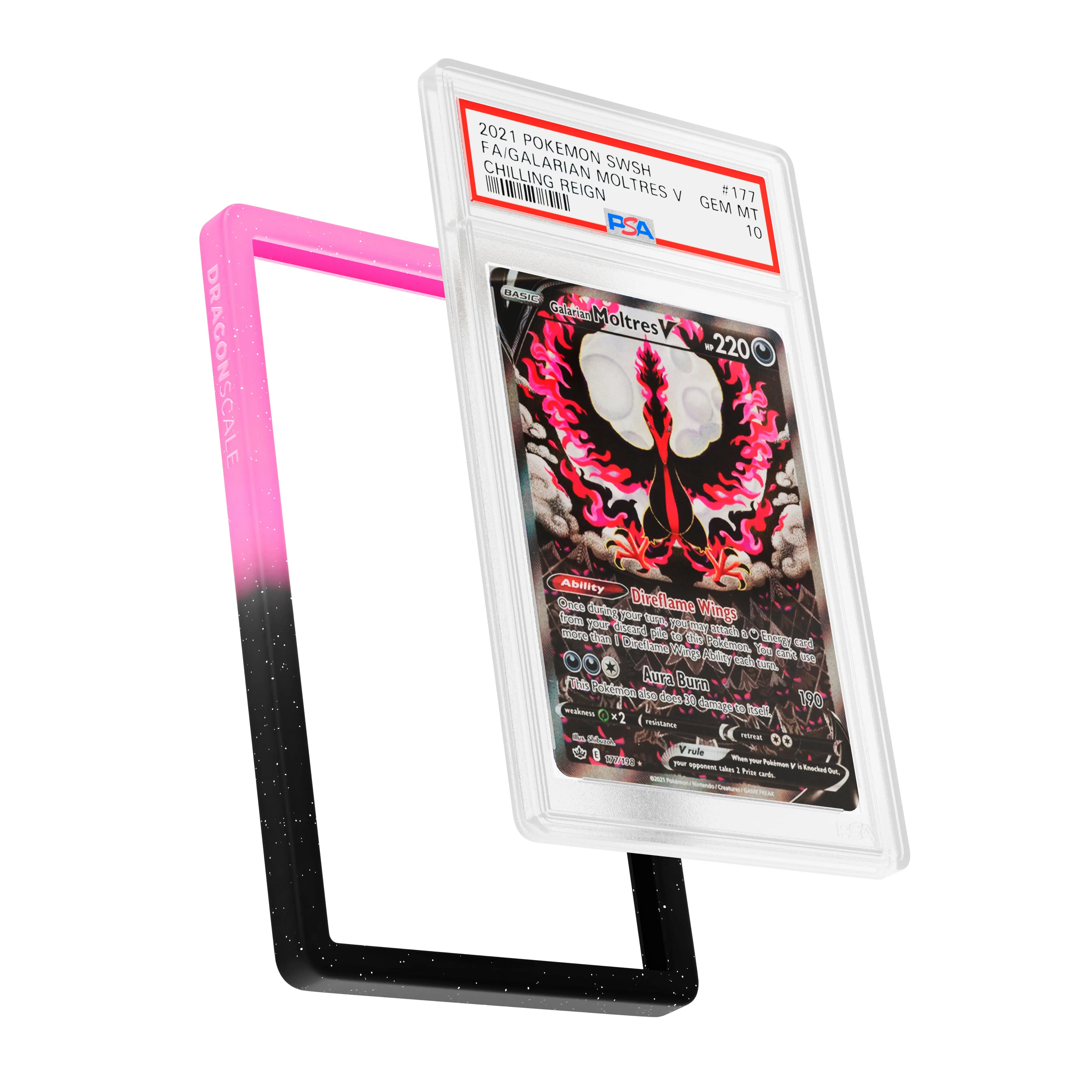 Display and demo view of a PSA slab in Radiant Blackrose Dragonscale bumper guard, featuring a Galarian Moltres Chilling Reign PSA 10 Pokemon card.
