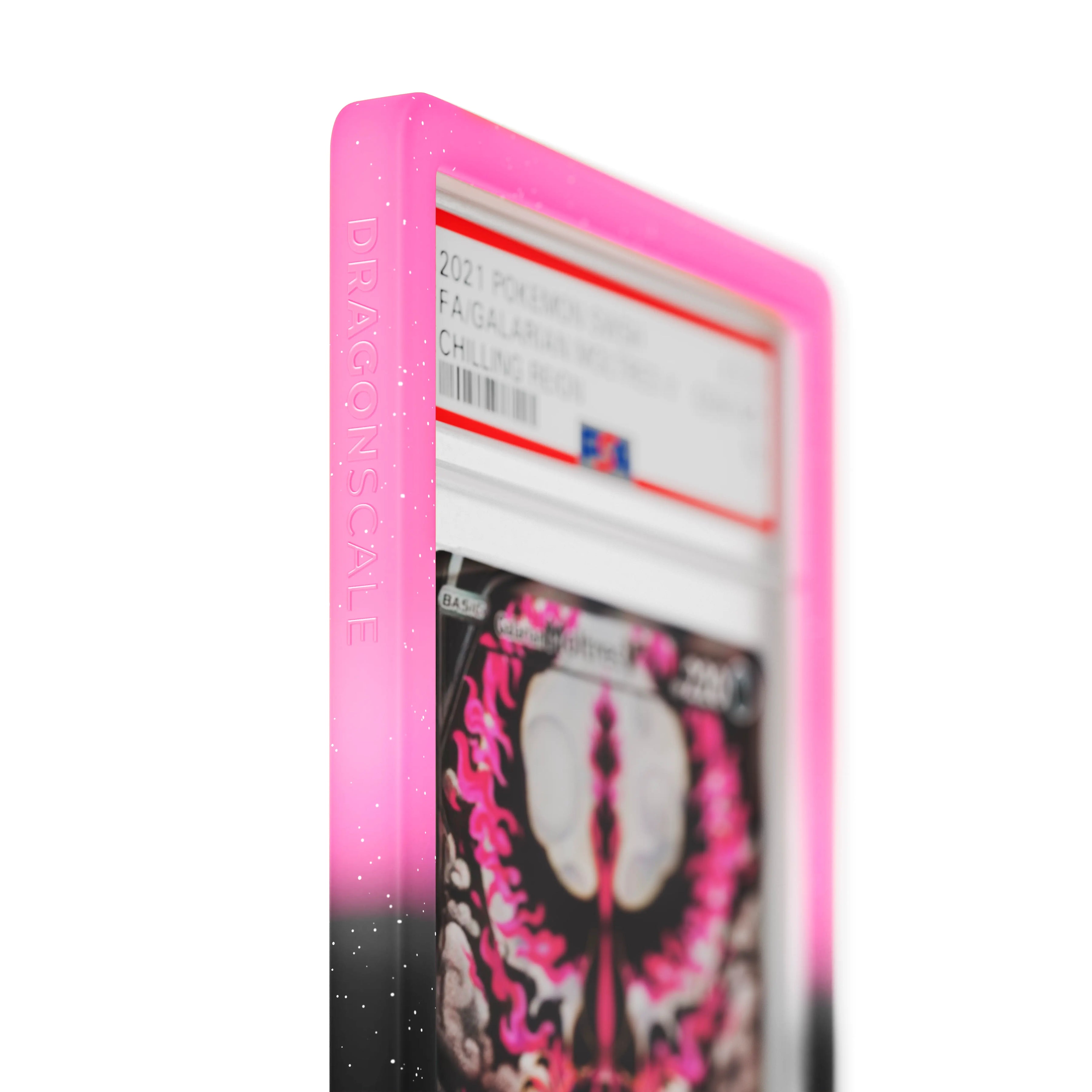 Close up logo zoom view of a PSA slab in Radiant Blackrose Dragonscale bumper guard, featuring a Galarian Moltres Chilling Reign PSA 10 Pokemon card.