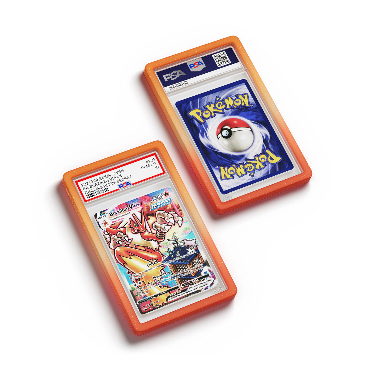 Top-down flat view of a PSA slab in Radiant Blaze Dragonscale bumper guard, featuring a Blaziken VMAX Chilling Reign PSA 10 Pokemon card.