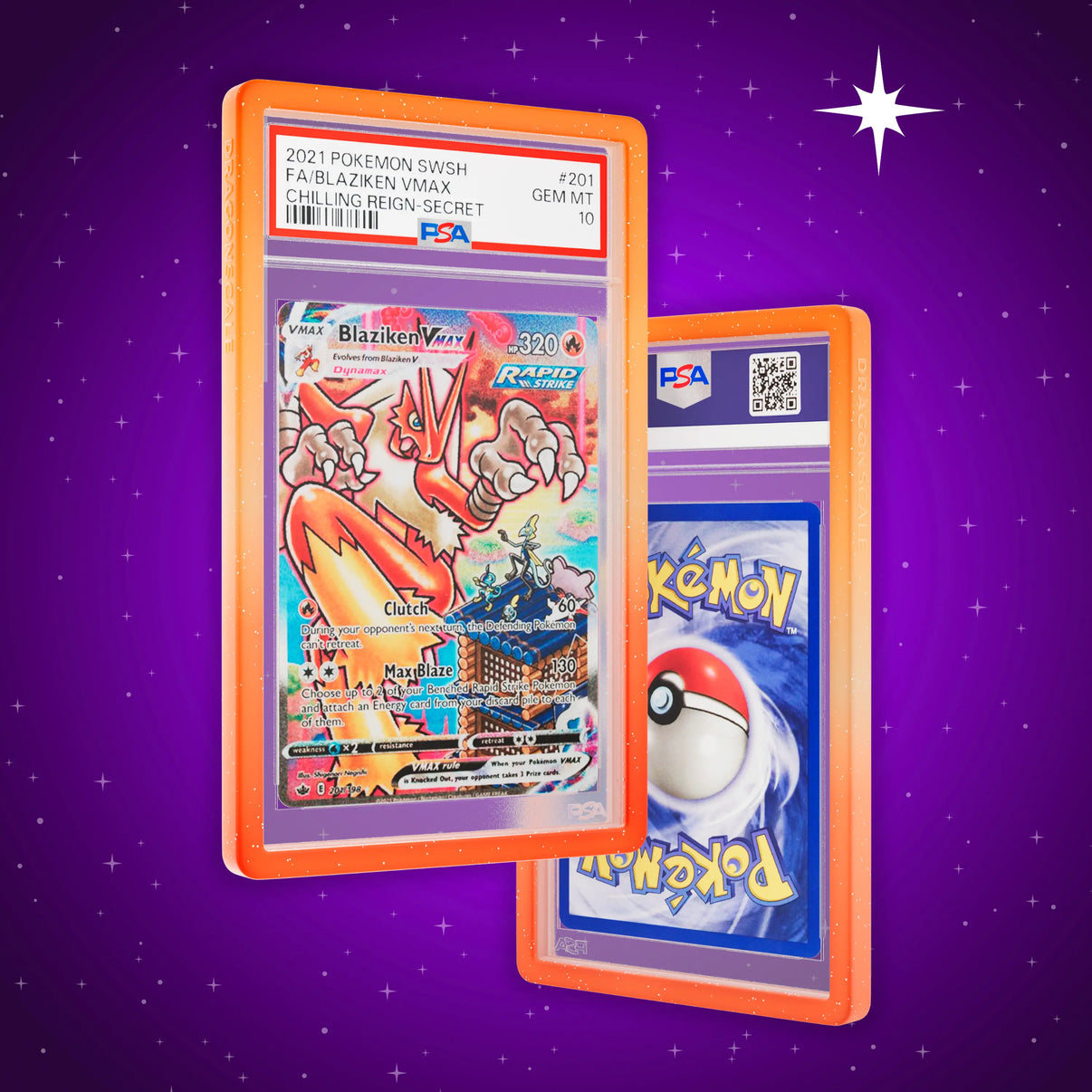 Front and back view of a PSA slab in Radiant Blaze Dragonscale bumper guard, featuring a Blaziken VMAX Chilling Reign PSA 10 Pokemon card.