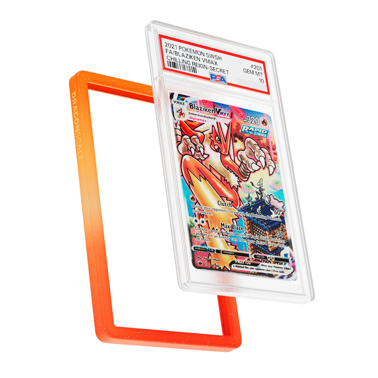 Display and demo view of a PSA slab in Radiant Blaze Dragonscale bumper guard, featuring a Blaziken VMAX Chilling Reign PSA 10 Pokemon card.