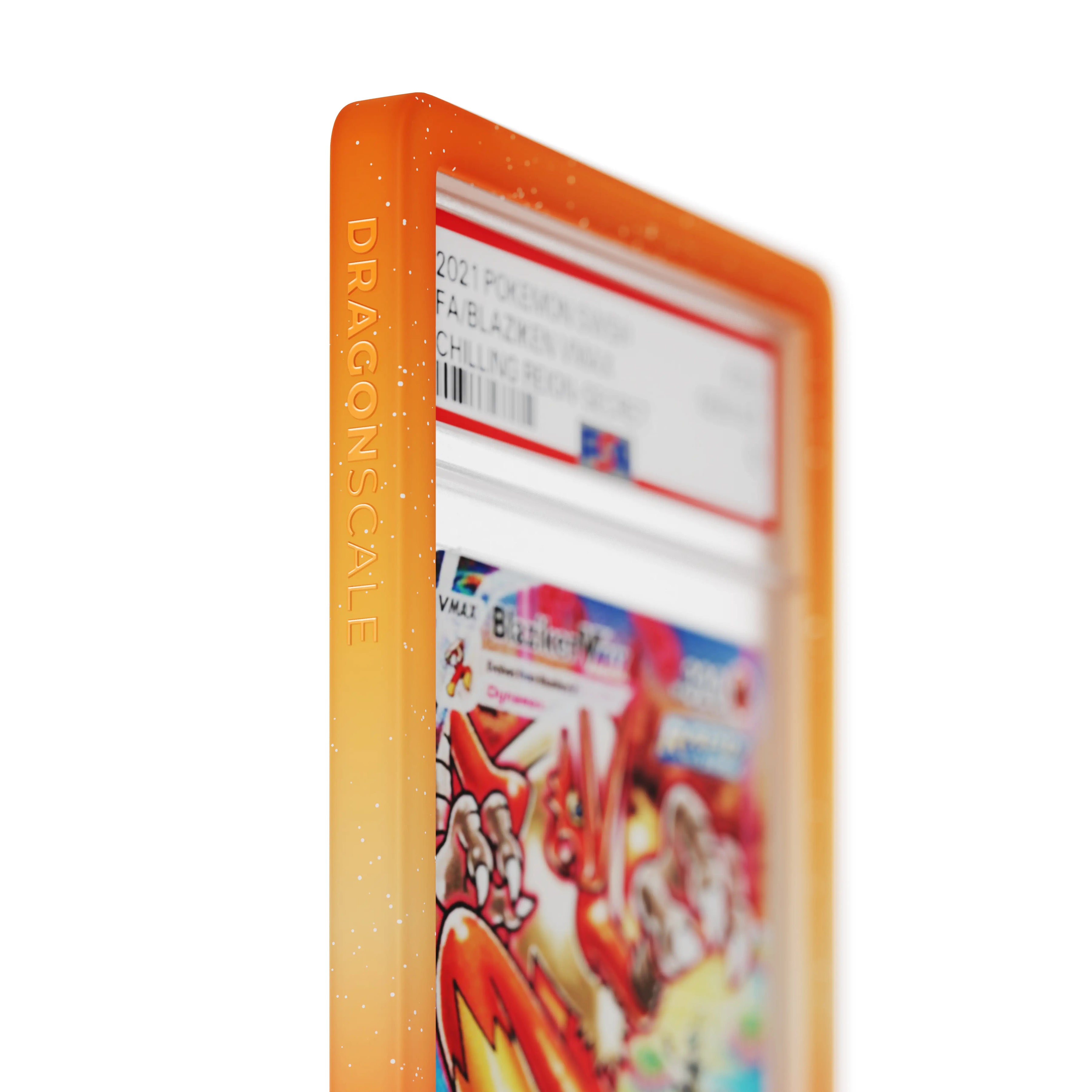 Close up logo zoom view of a PSA slab in Radiant Blaze Dragonscale bumper guard, featuring a Blaziken VMAX Chilling Reign PSA 10 Pokemon card.
