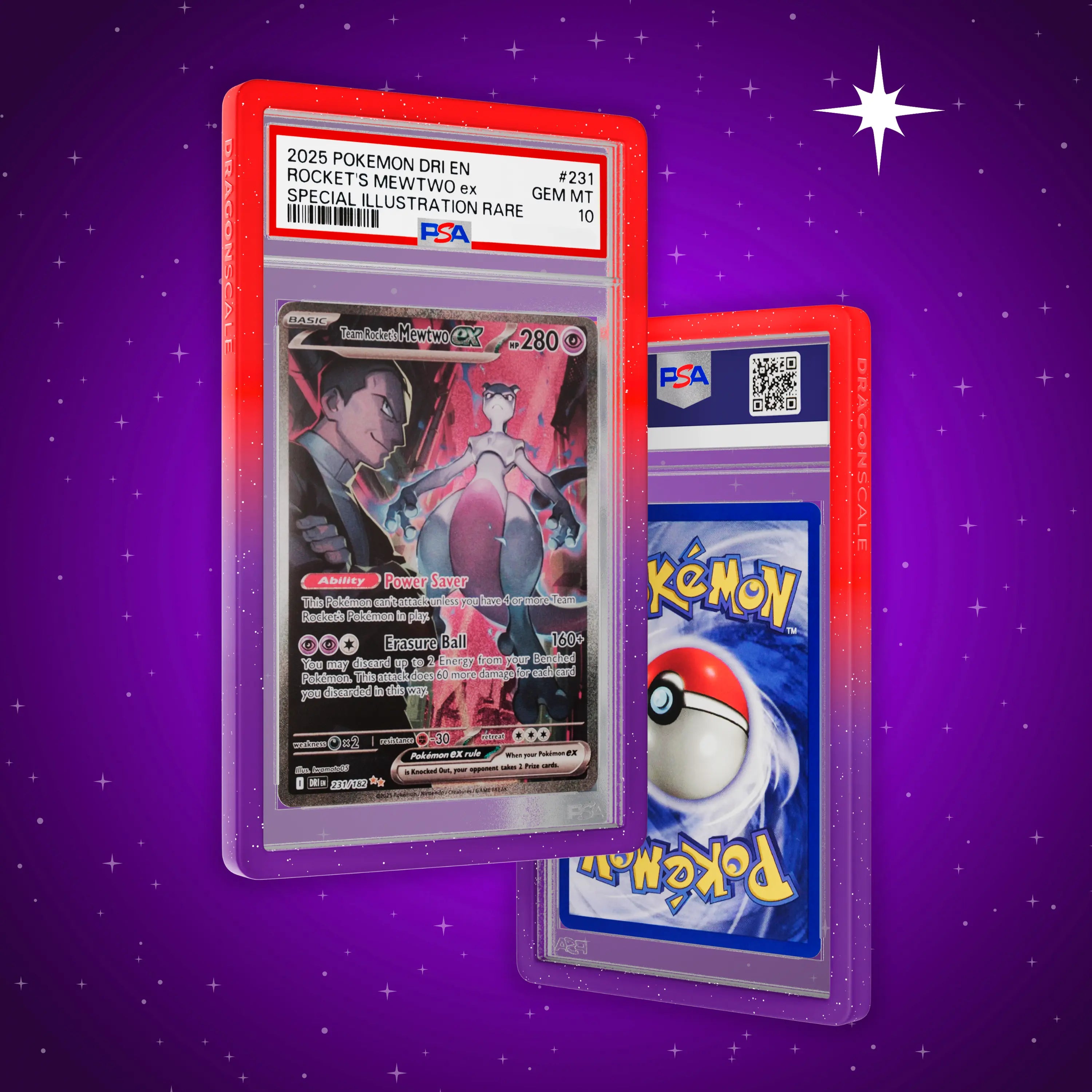 Front and back view of a PSA slab in Radiant Chaos Dragonscale bumper guard,featuring a Team Rocket’s Mewtwo EX Destined Rivals PSA 10 Pokemon card.