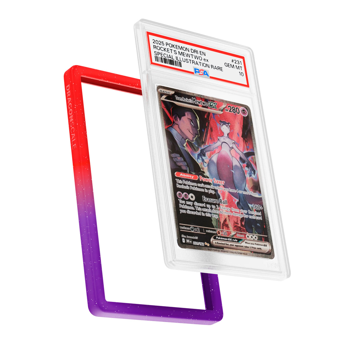 Display and demo view of a PSA slab in Radiant Chaos Dragonscale bumper guard, featuring a  Team Rocket’s Mewtwo EX Destined Rivals PSA 10 Pokemon card.