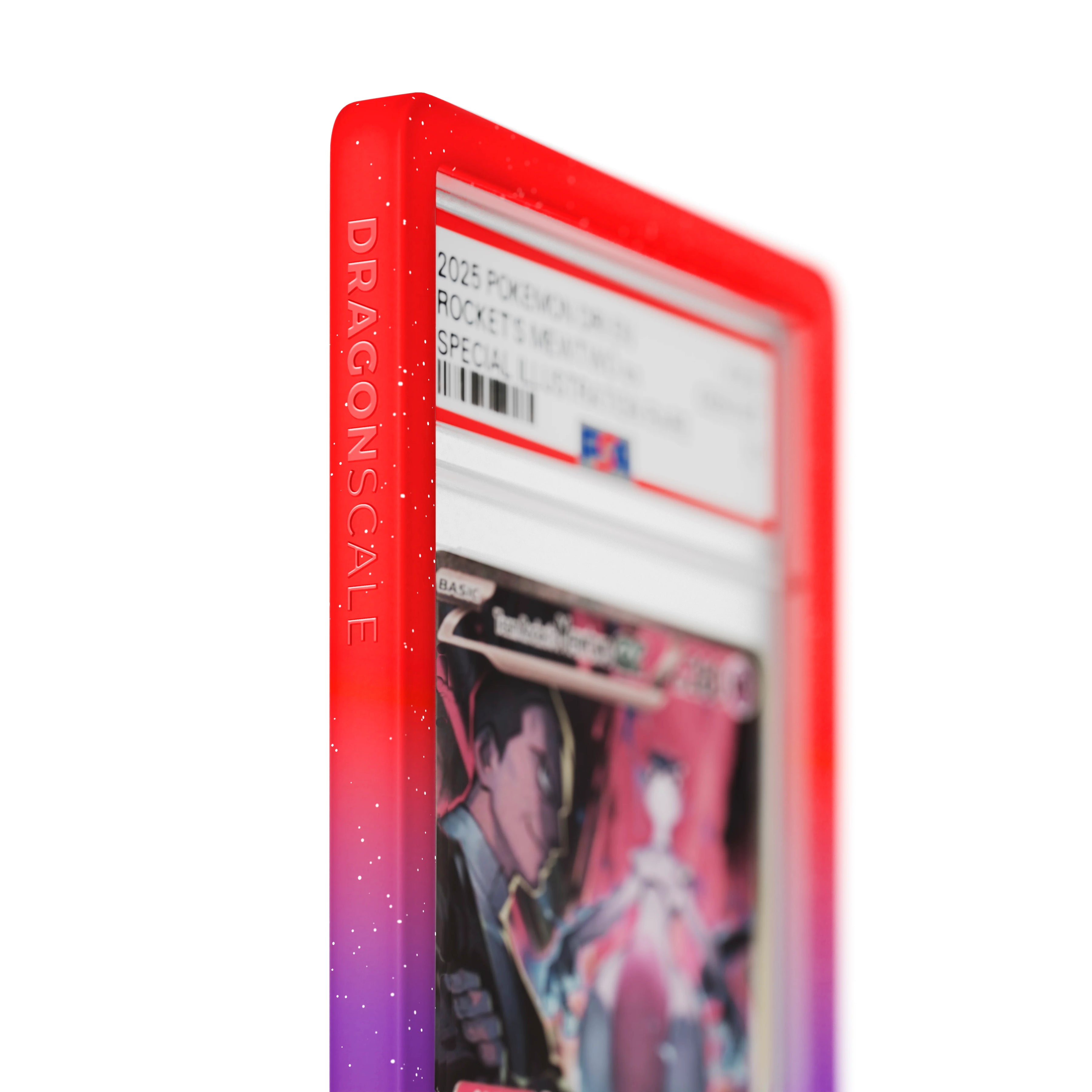 Close up logo zoom view of a PSA slab in Radiant Chaos Dragonscale bumper guard, featuring a  Team Rocket’s Mewtwo EX Destined Rivals PSA 10 Pokemon card.