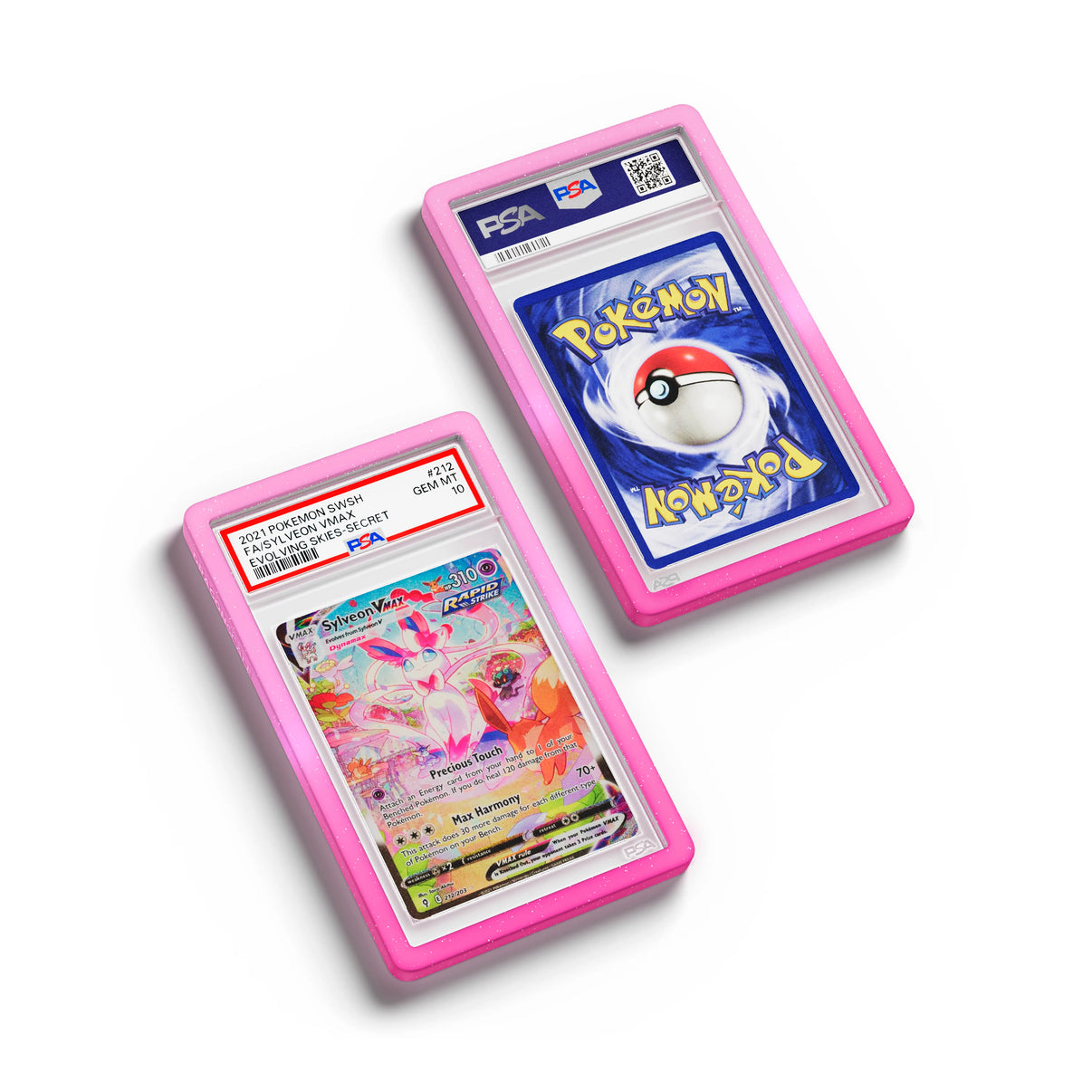 Top-down flat view of a PSA slab in Radiant Charm Dragonscale bumper guard, featuring a Sylveon VMAX Evolving Skies PSA 10 Pokemon card.
