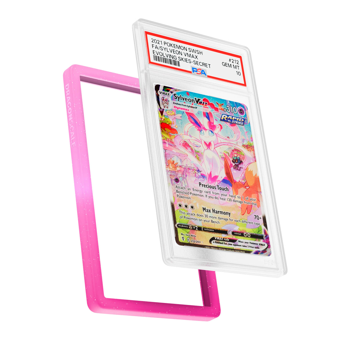 Display and demo view of a PSA slab in Radiant Charm Dragonscale bumper guard, featuring a Sylveon VMAX Evolving Skies PSA 10 Pokemon card.