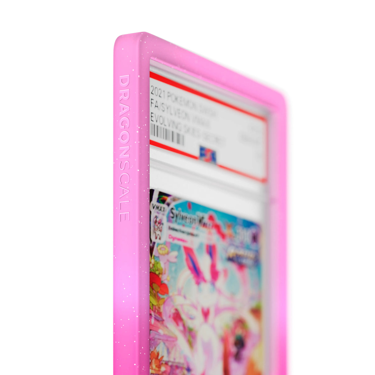 Close up logo zoom view of a PSA slab in Radiant Charm Dragonscale bumper guard, featuring a Sylveon VMAX Evolving Skies PSA 10 Pokemon card.