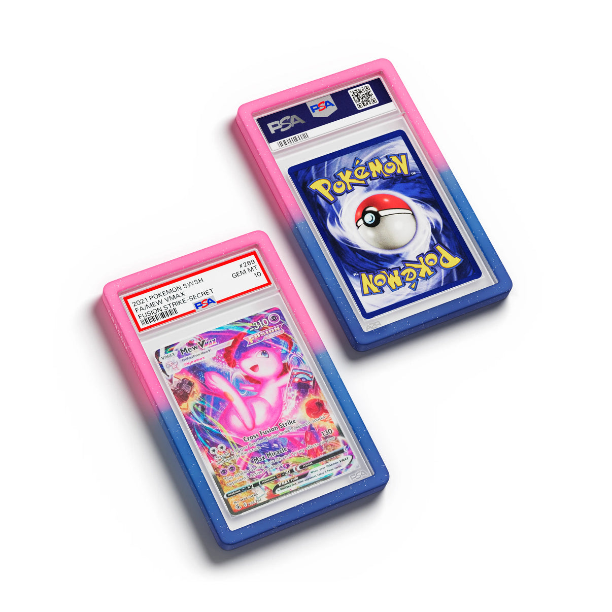 Top-down flat view of a PSA slab in Radiant Cosmic Dragonscale bumper guard, featuring a Mew VMAX Fusion Strike PSA 10 Pokemon card.