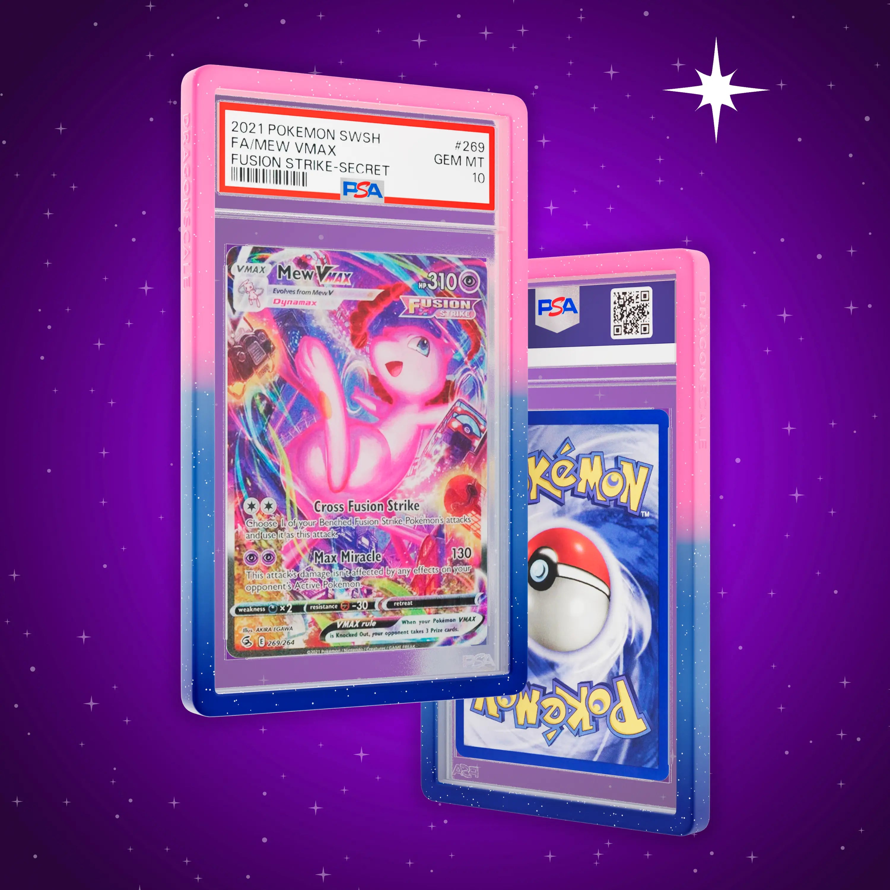 Front and back view of a PSA slab in Radiant Cosmic Dragonscale bumper guard, featuring a Mew VMAX Fusion Strike PSA 10 Pokemon card.