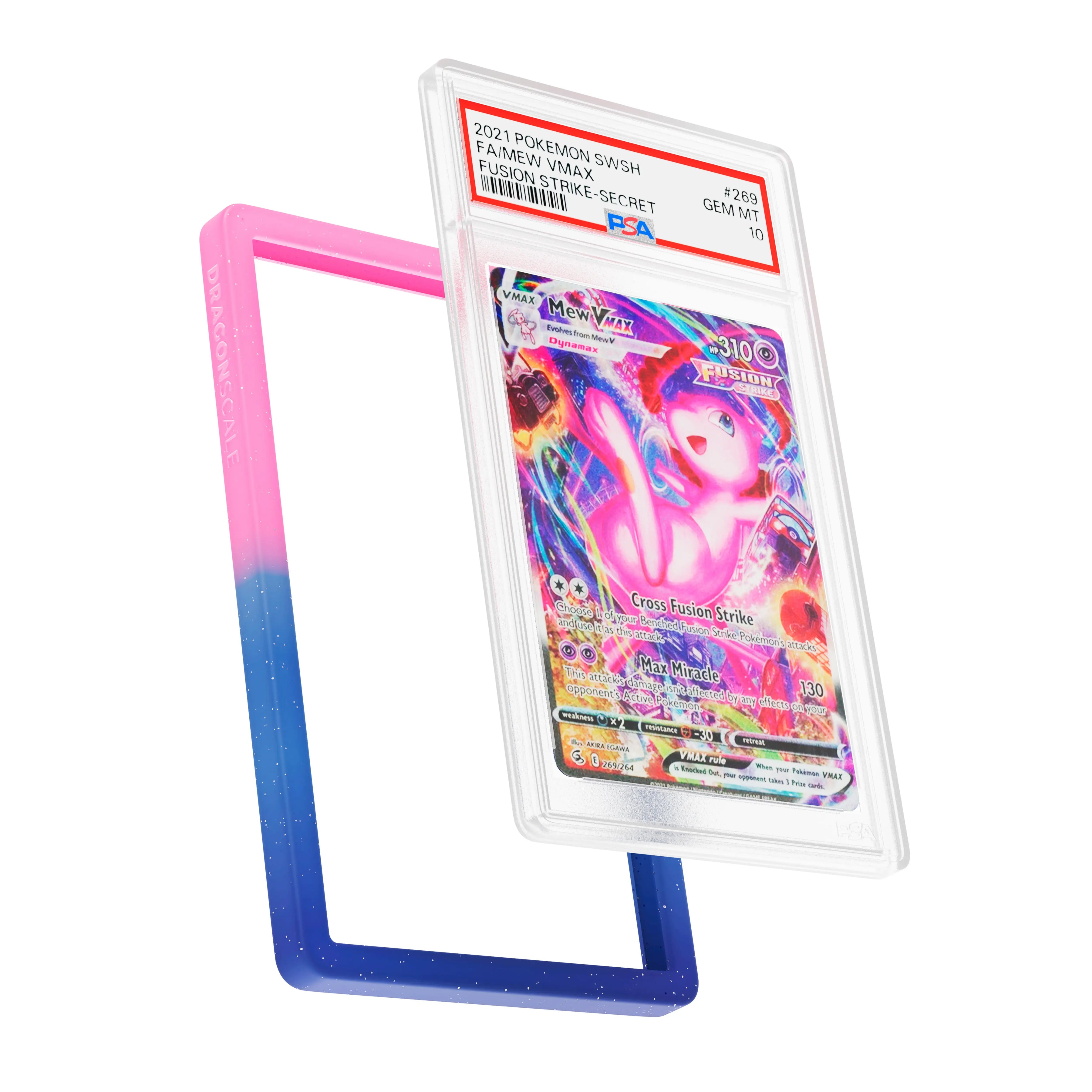 Display and demo view of a PSA slab in Radiant Cosmic Dragonscale bumper guard, featuring a Mew VMAX Fusion Strike PSA 10 Pokemon card.
