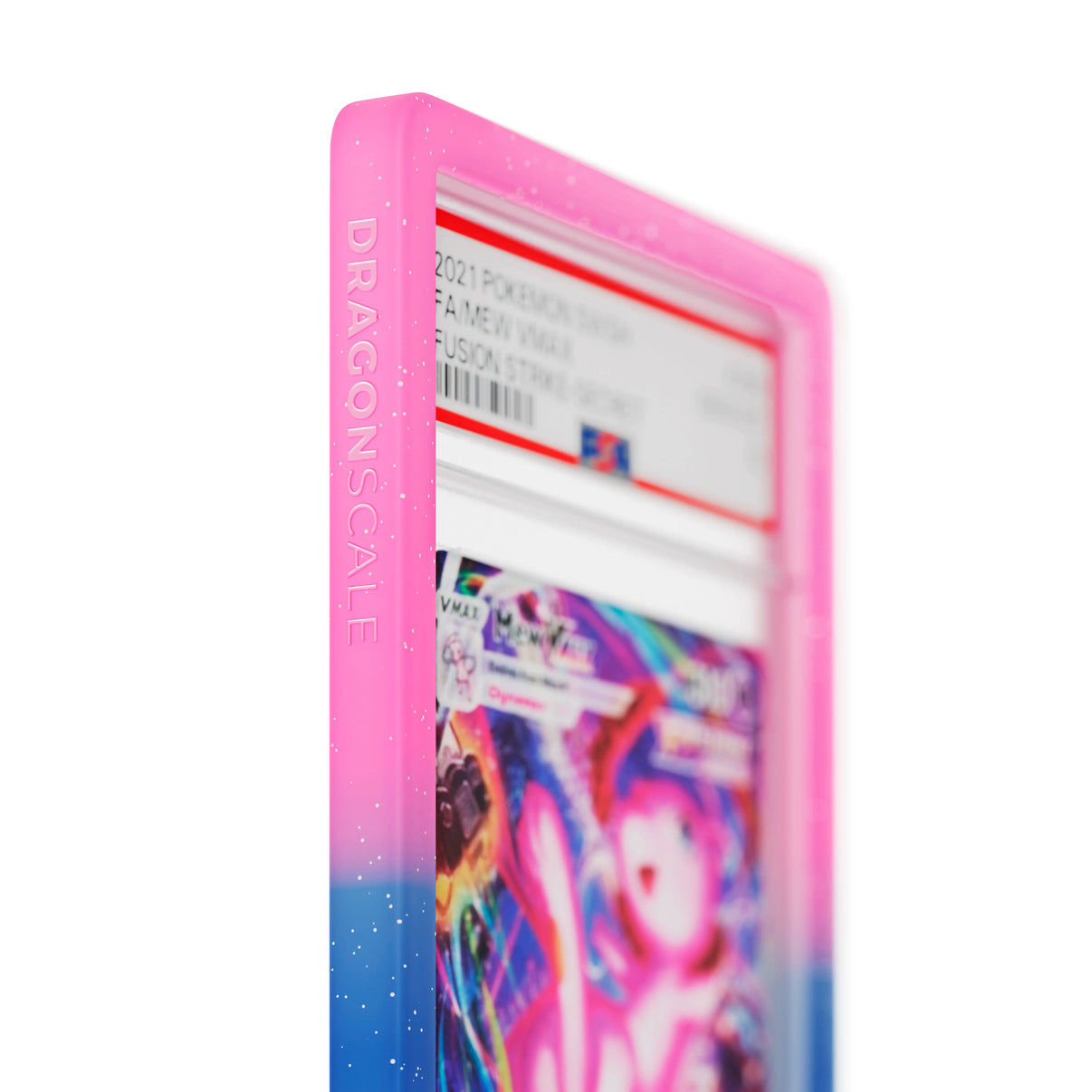 Close up logo zoom view of a PSA slab in Radiant Cosmic Dragonscale bumper guard, featuring a Mew VMAX Fusion Strike PSA 10 Pokemon card.