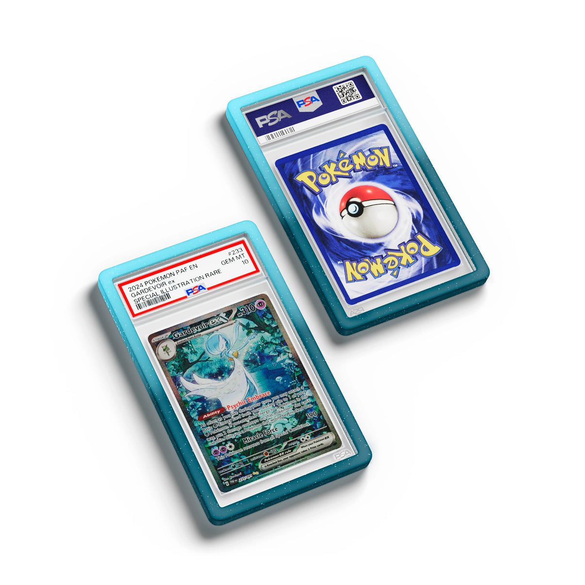 Top-down flat view of a PSA slab in Radiant Ethereal Dragonscale bumper guard, featuring a Gardevoir EX Paldean Fates PSA 10 Pokemon card.