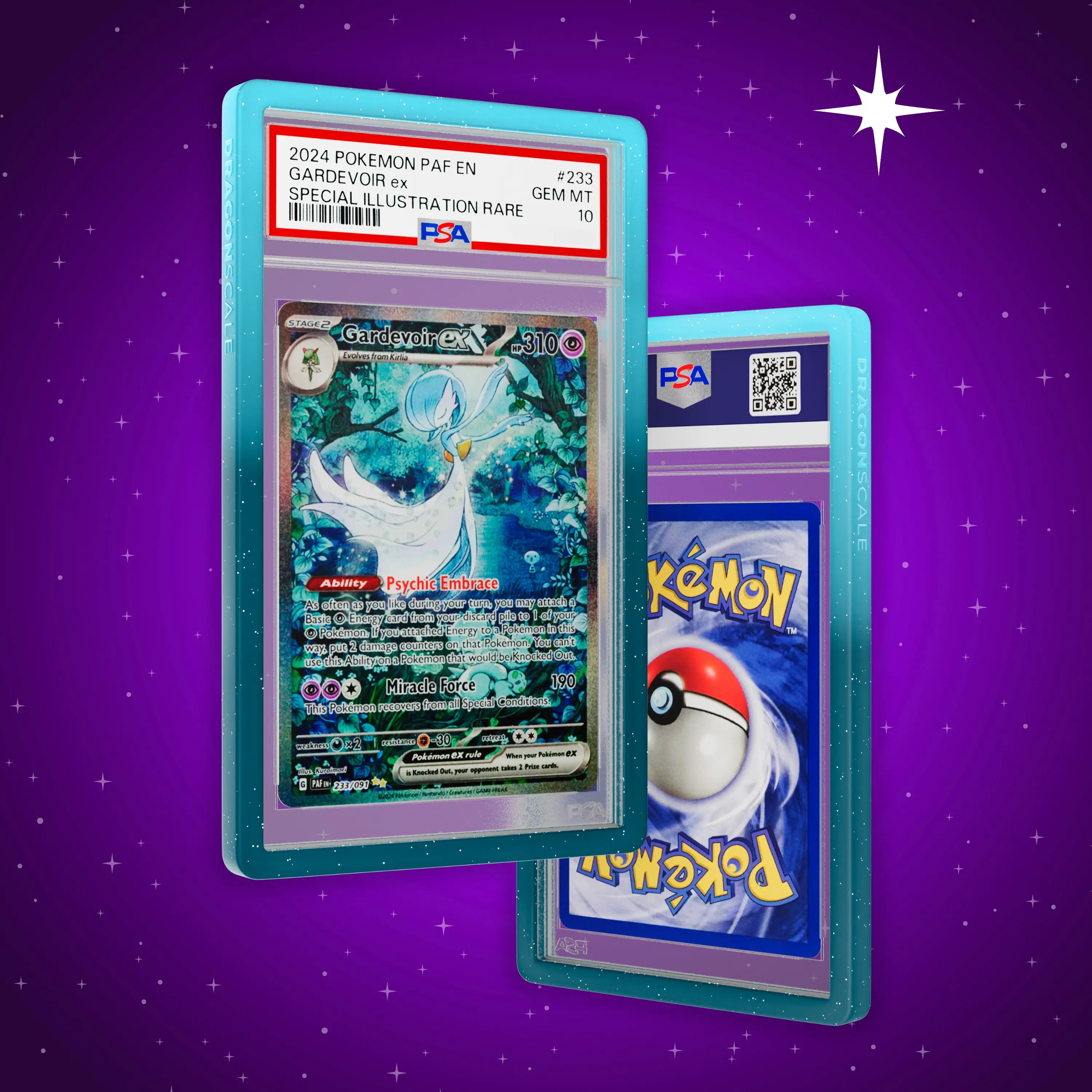 Front and back view of a PSA slab in Radiant Ethereal Dragonscale bumper guard, featuring a Gardevoir EX Paldean Fates PSA 10 Pokemon card.