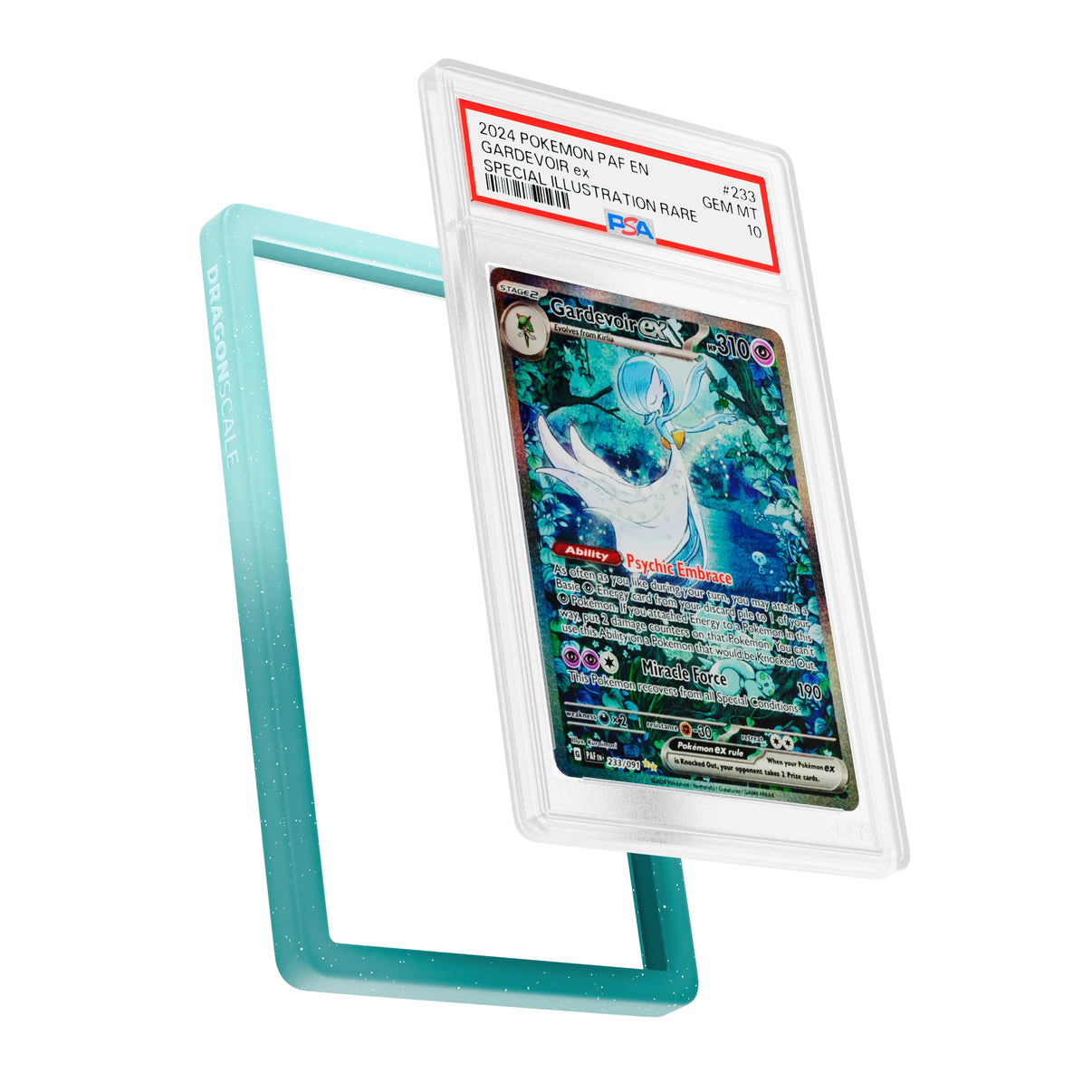 Display and demo view of a PSA slab in Radiant Ethereal Dragonscale bumper guard, featuring a Gardevoir EX Paldean Fates PSA 10 Pokemon card.