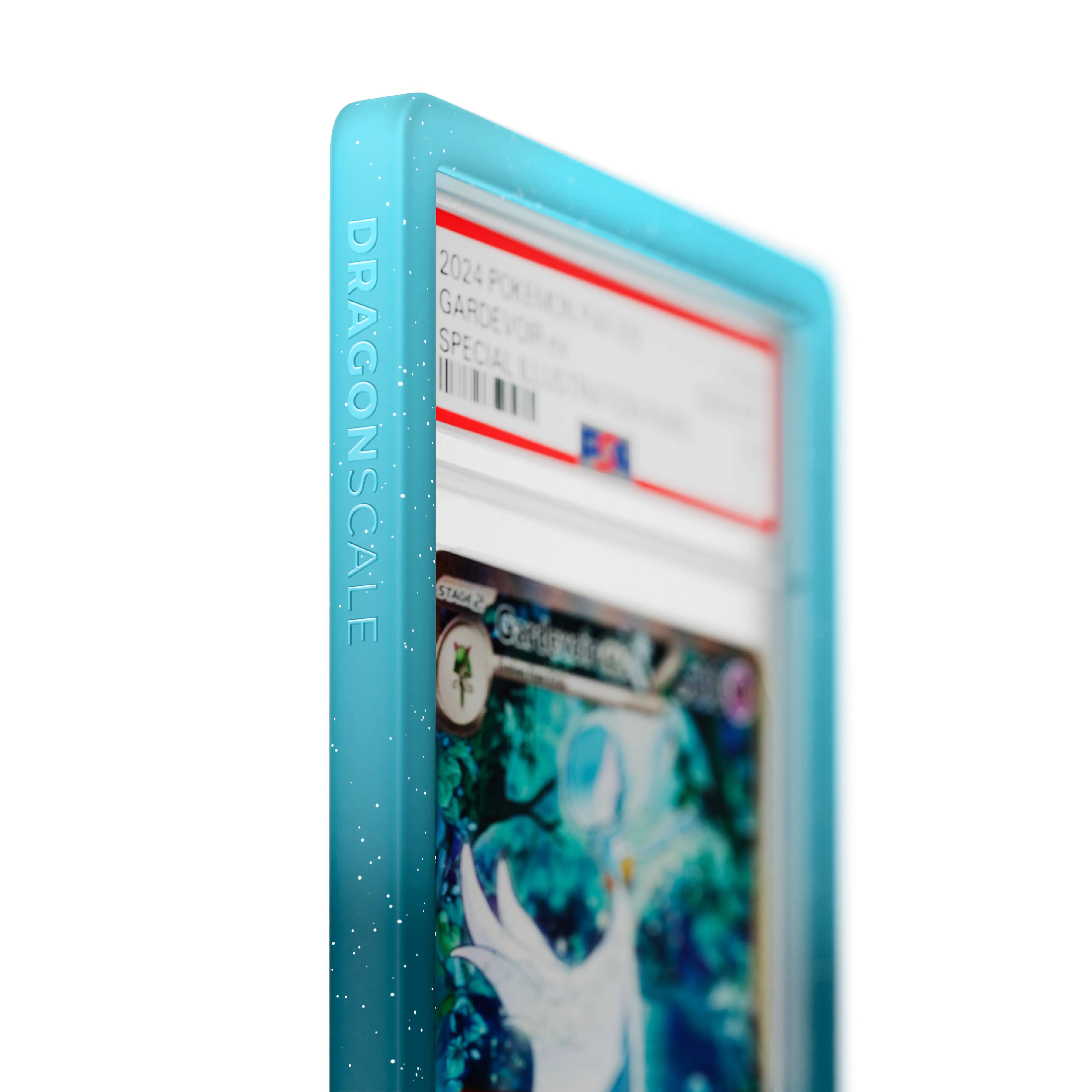 Close up logo zoom view of a PSA slab in Radiant Ethereal Dragonscale bumper guard, featuring a Gardevoir EX Paldean Fates PSA 10 Pokemon card.